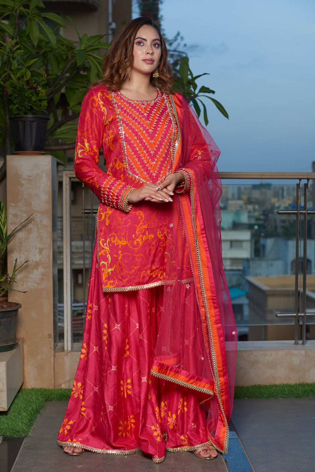 Hand embroidered kurta with Sharara and embroidered booties on dupatta