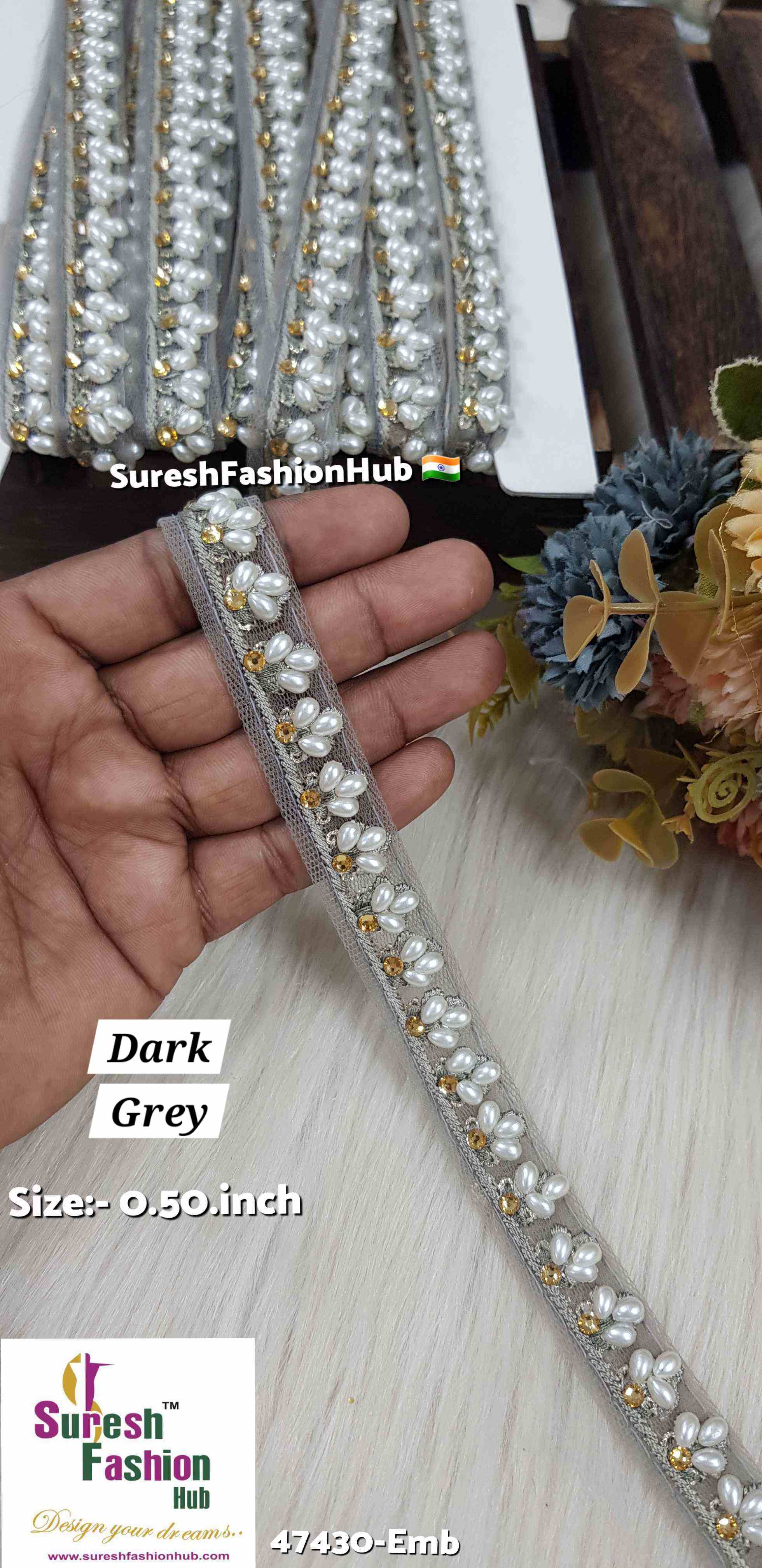 LuxeGlimmer Embroidered Trim Dark Grey  Color