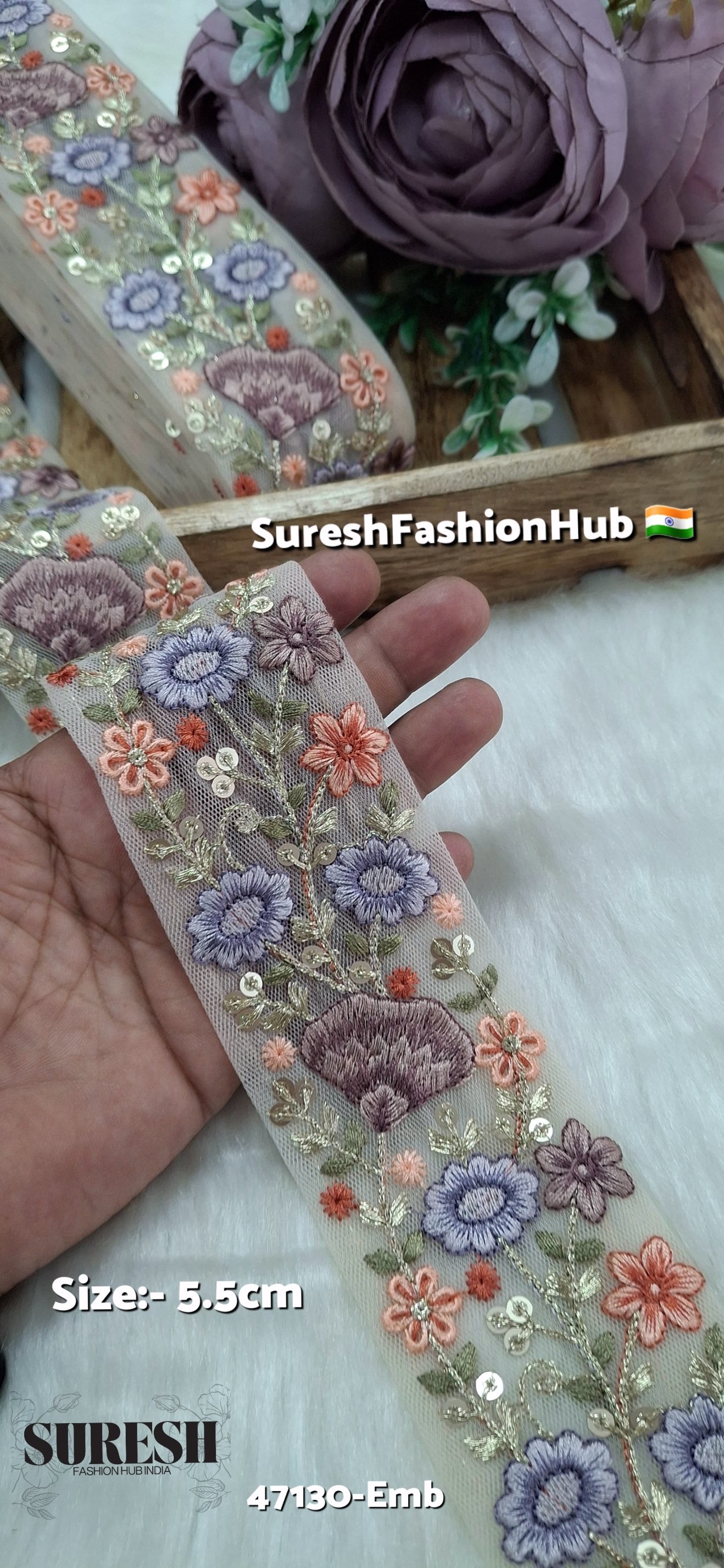 Peach Net Multi-Thread Floral Embroidery Lace