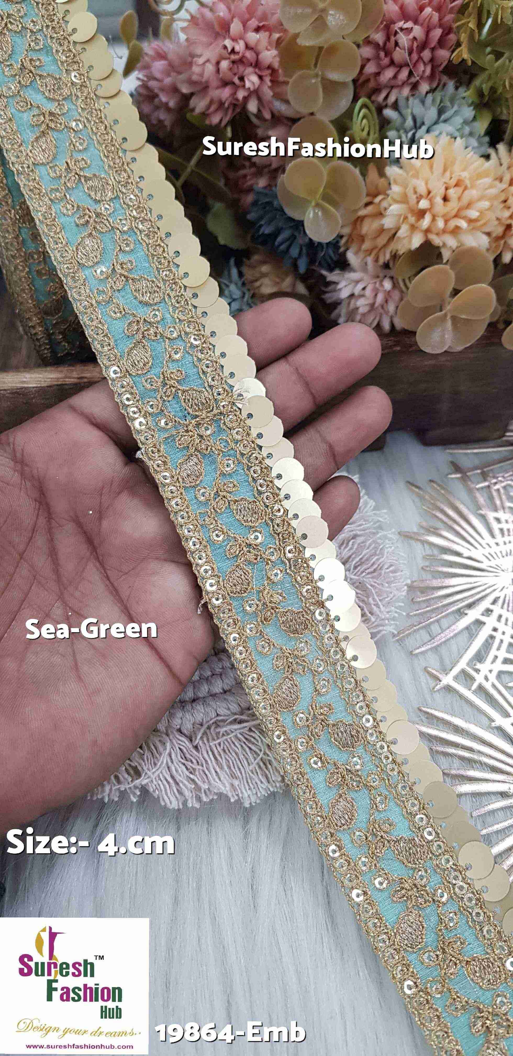 Sea-Green Color Floral Organza Embroidered Lace Roll