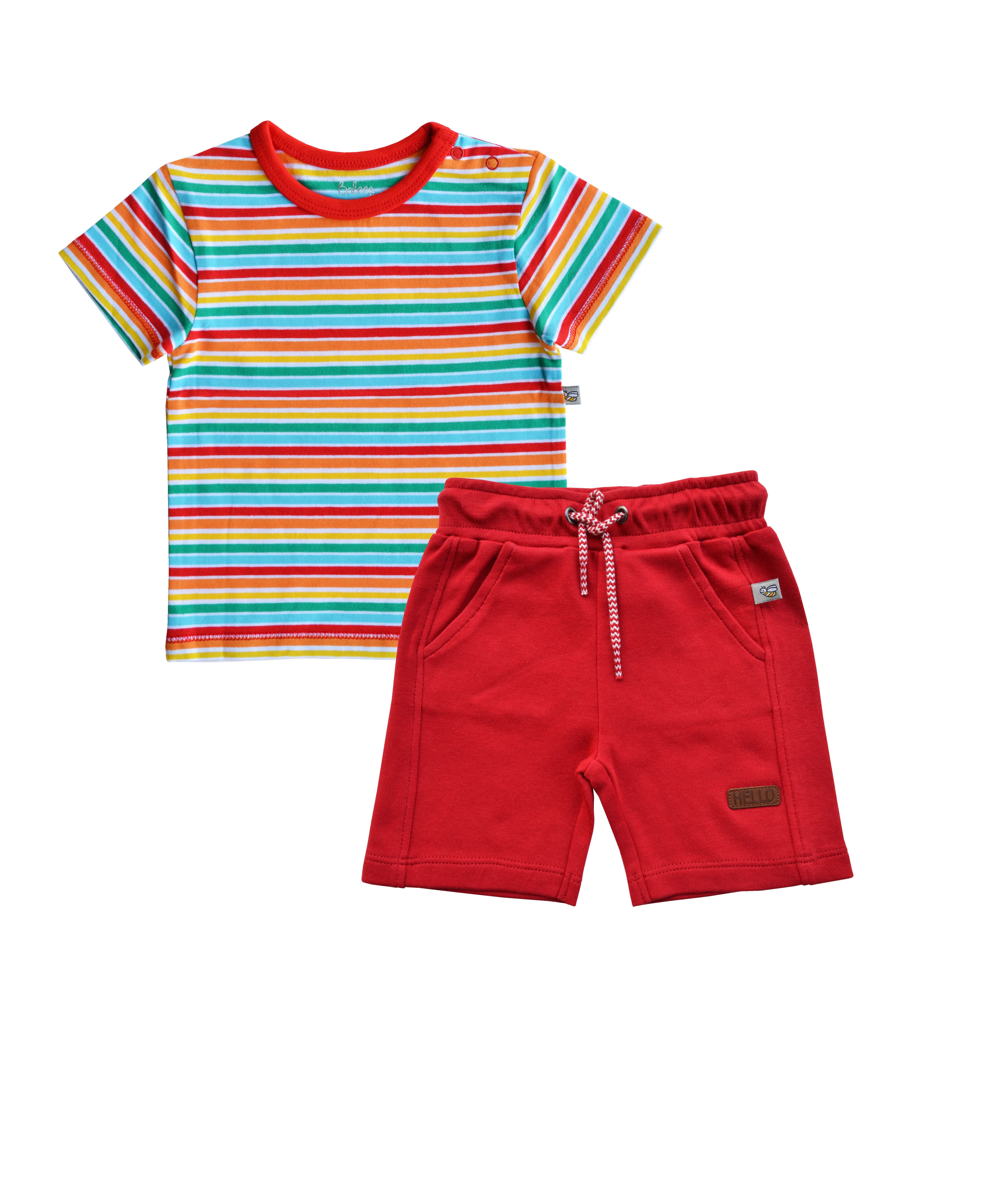 Babeez | Short Sleeves Stripes T-Shirt and Red Shorts(100% Cotton Single Jersey) undefined