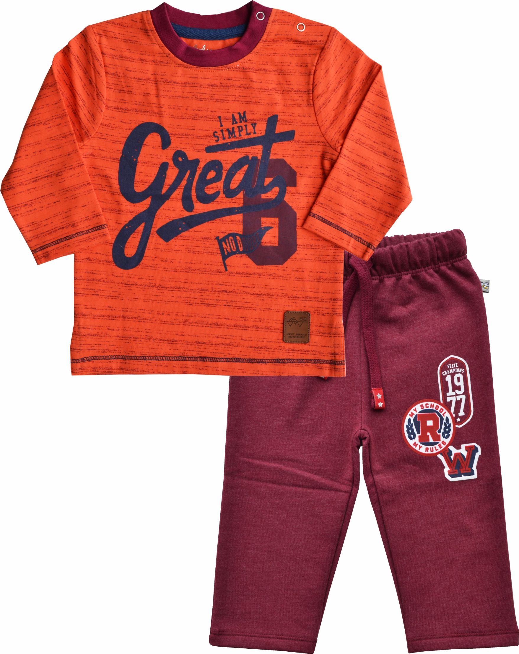 Orange Full Sleeve Printed T-Shirt + Maroon Pant Set (100% Cotton Interock)