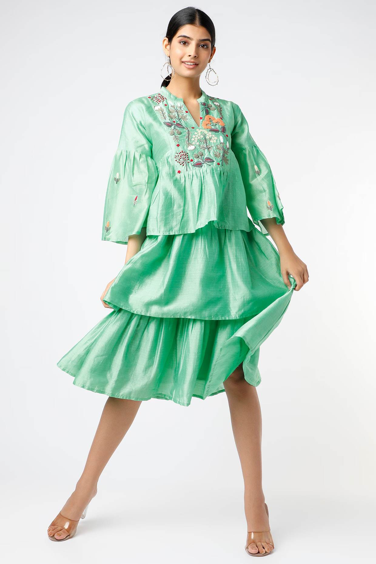 Turquoise Embroidered Tiered Dress