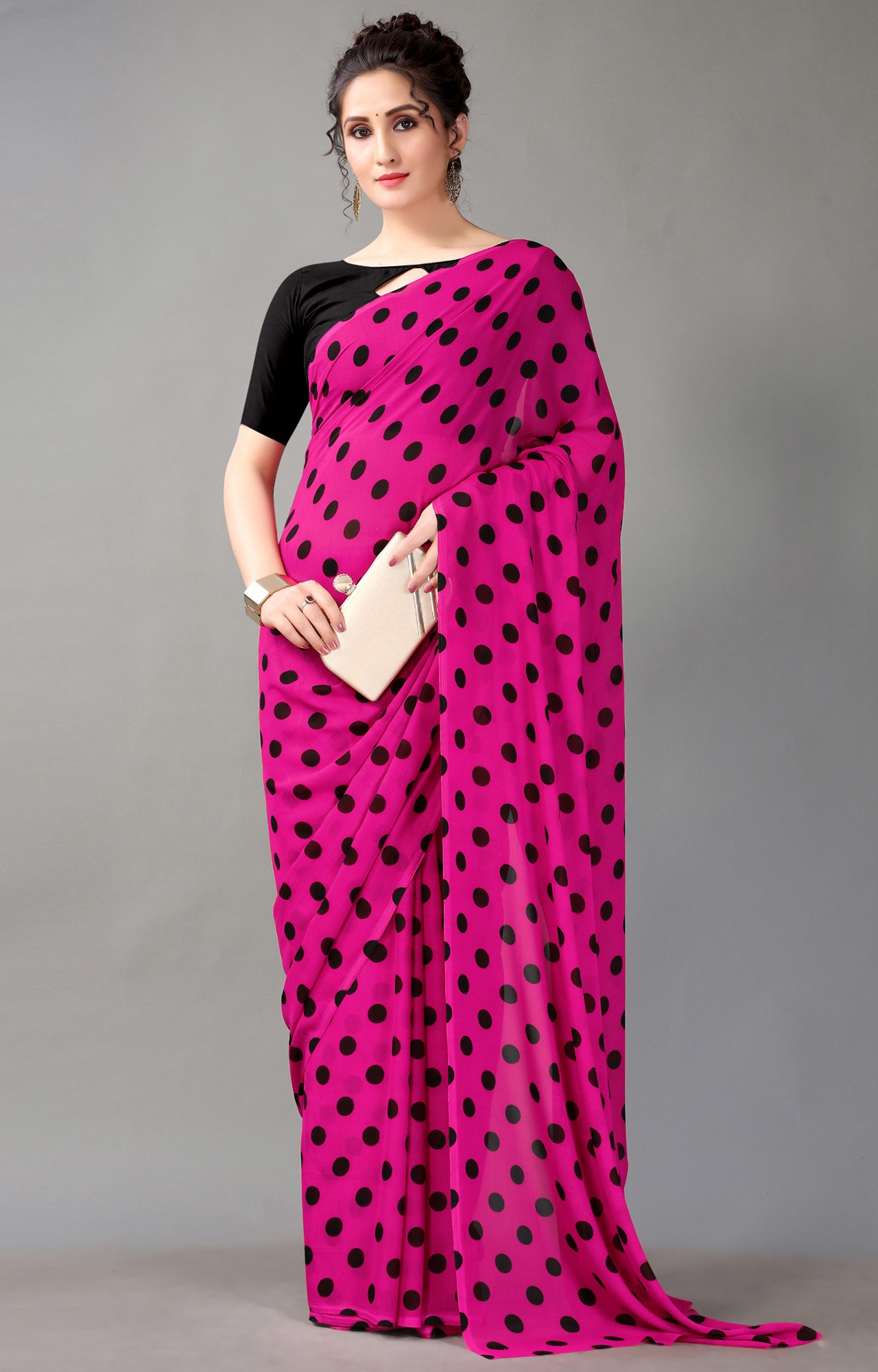 Women's Pink Poly Georgette Polka Dot/Geometric Print Saree-HAL23RYN00043PNK