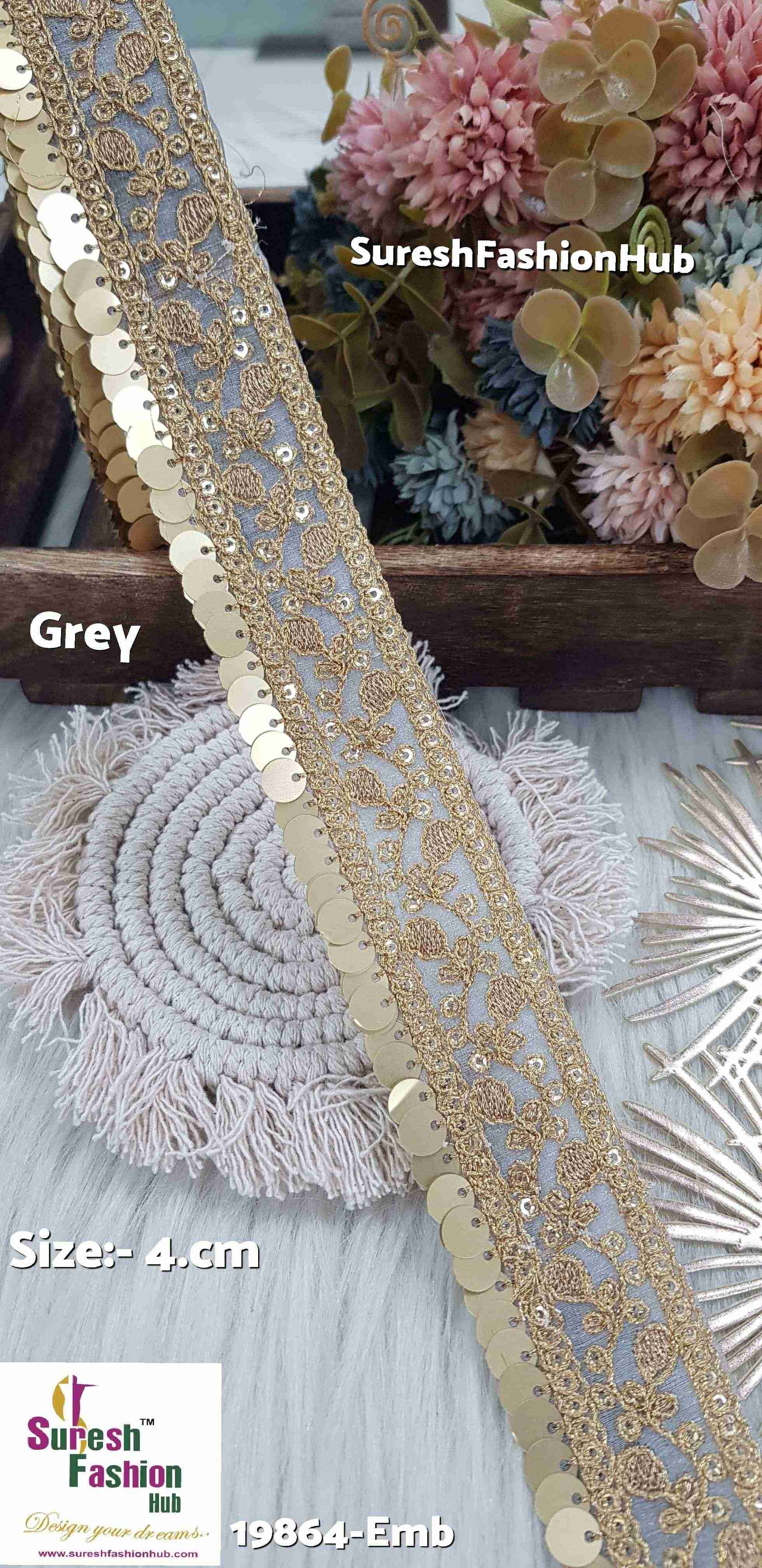 Grey Color Floral Organza Embroidered Lace Roll