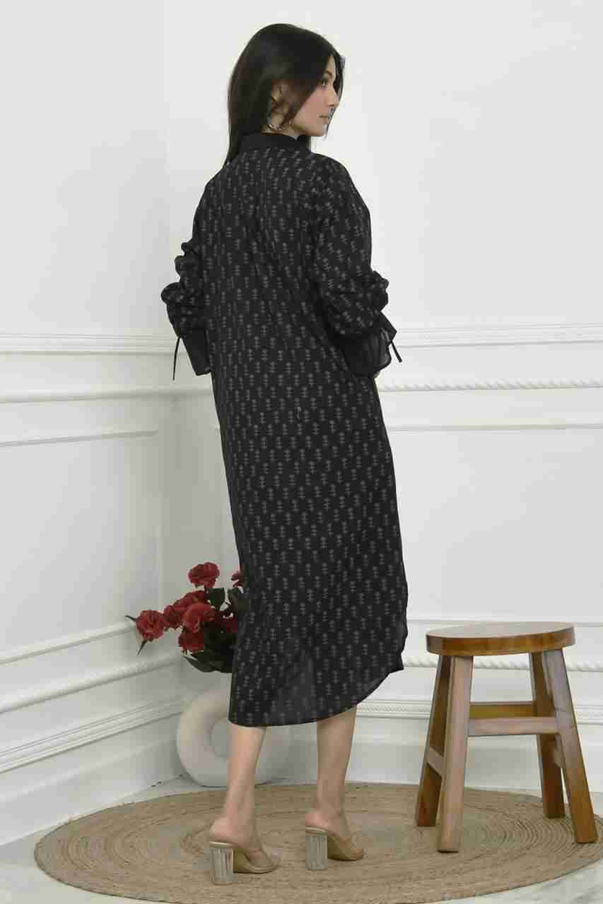 Naksh Black With Grey Khari Tinsel Print Long Shirt Kurta With Pockets