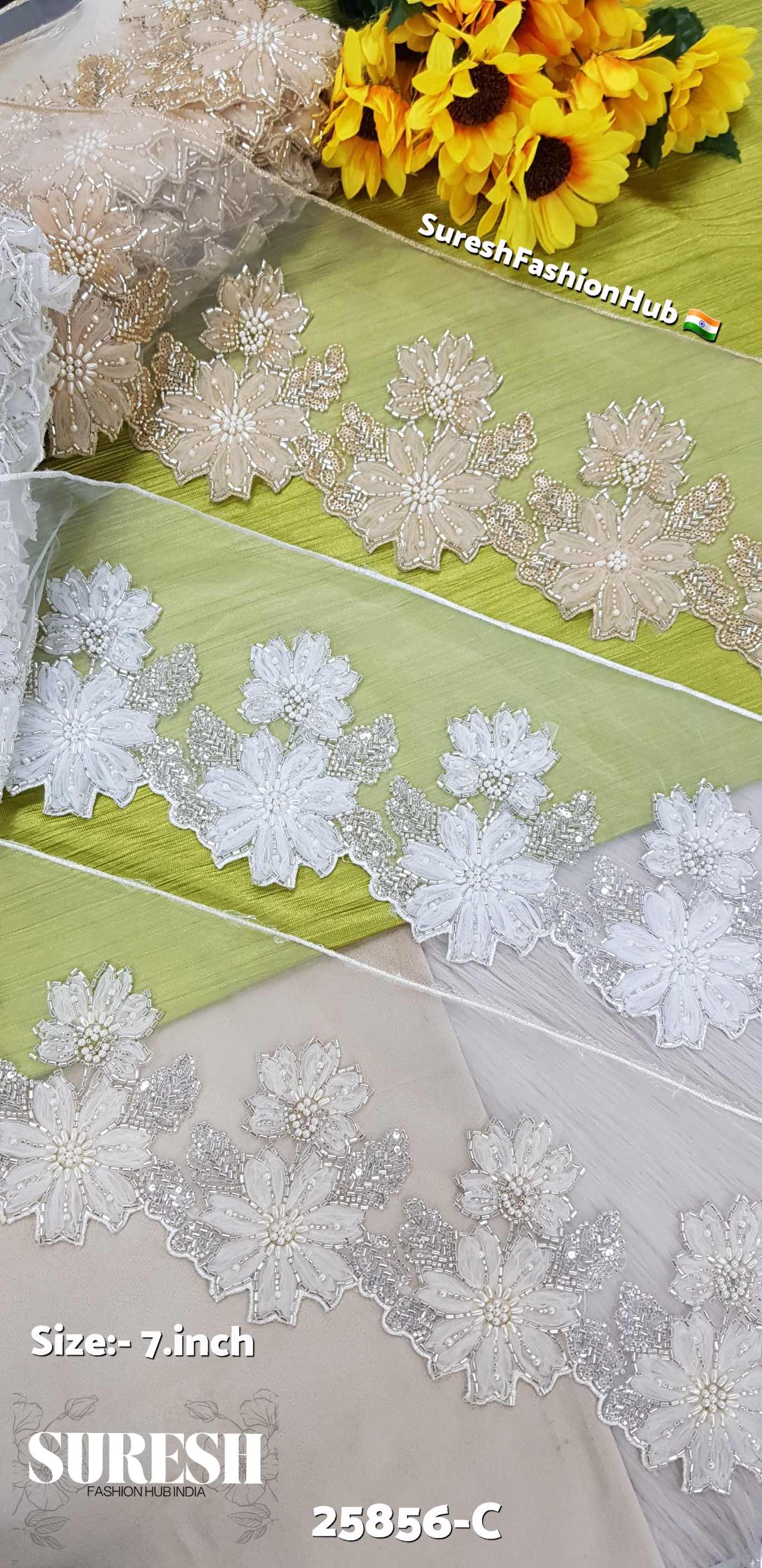 Imported  Cream Floral Cutdana & Pearl Organza Lace