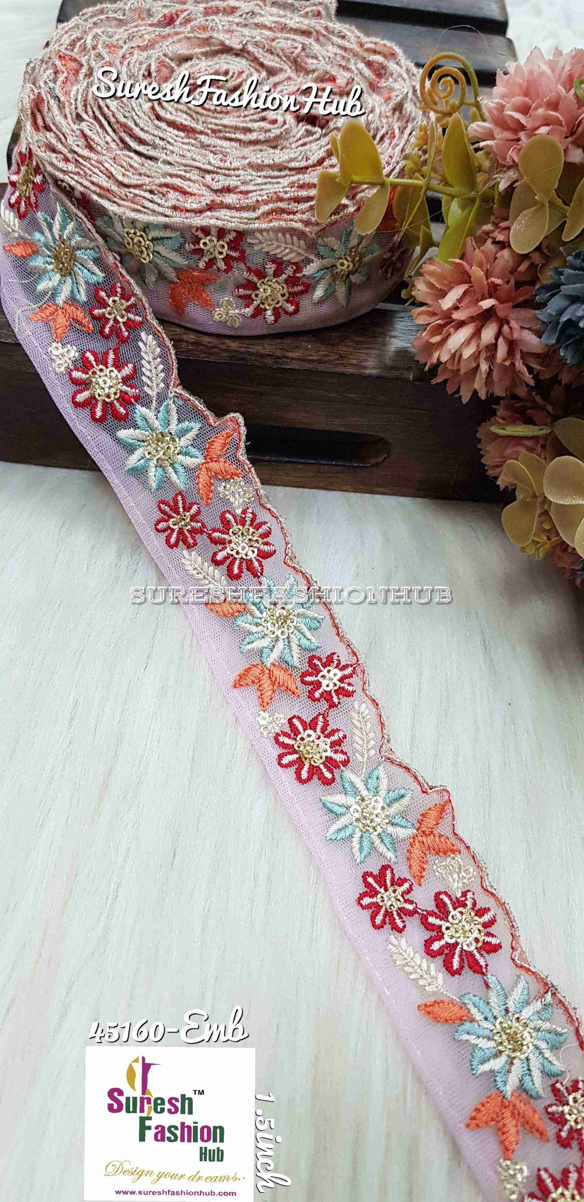 Pink Vibrant Net Symphony Lace - One Side Embroidery