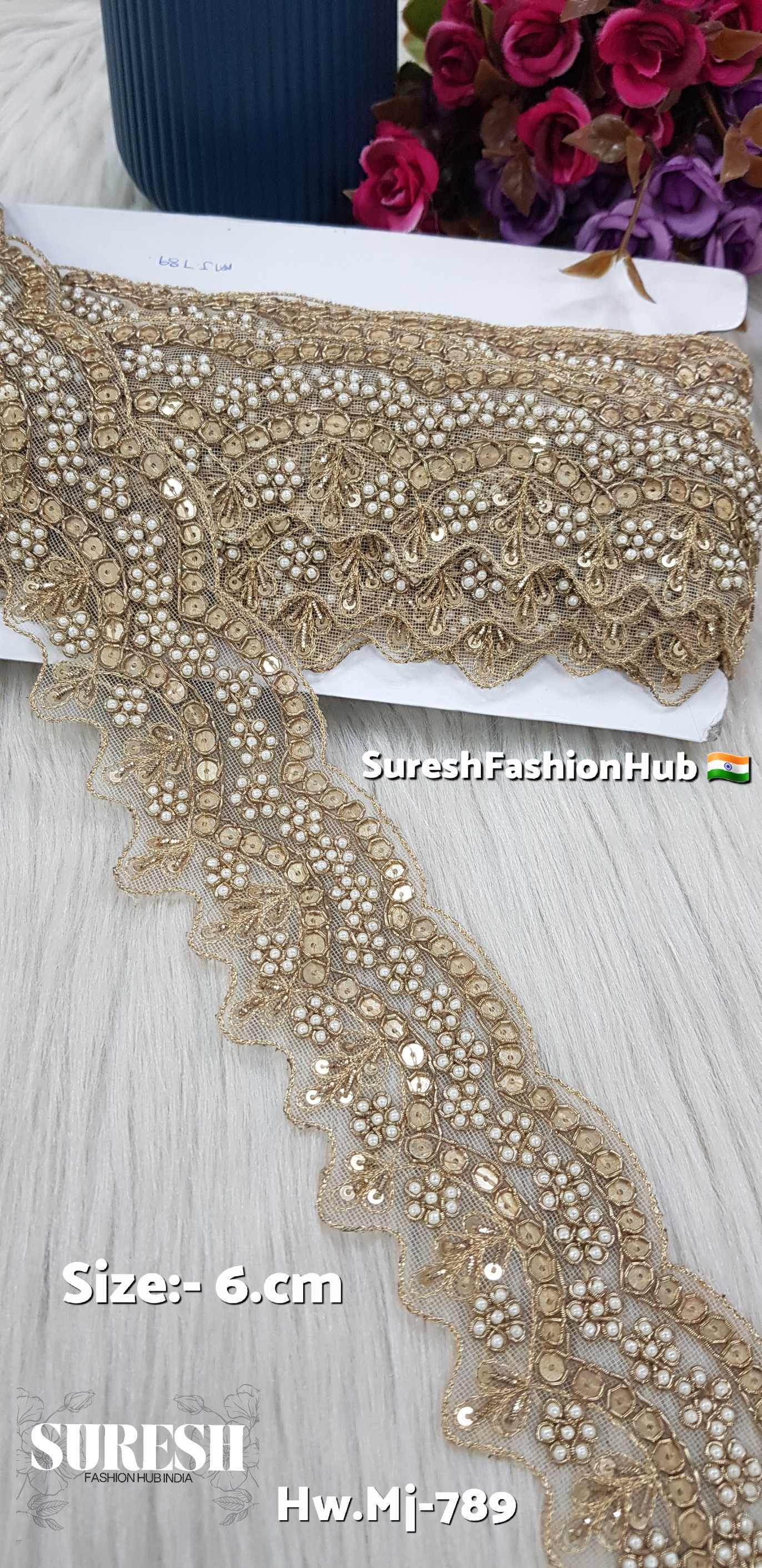 Antique Matt Pearl Blossom Double Scallop Handmade Zardosi Lace – Hw.Mj-789