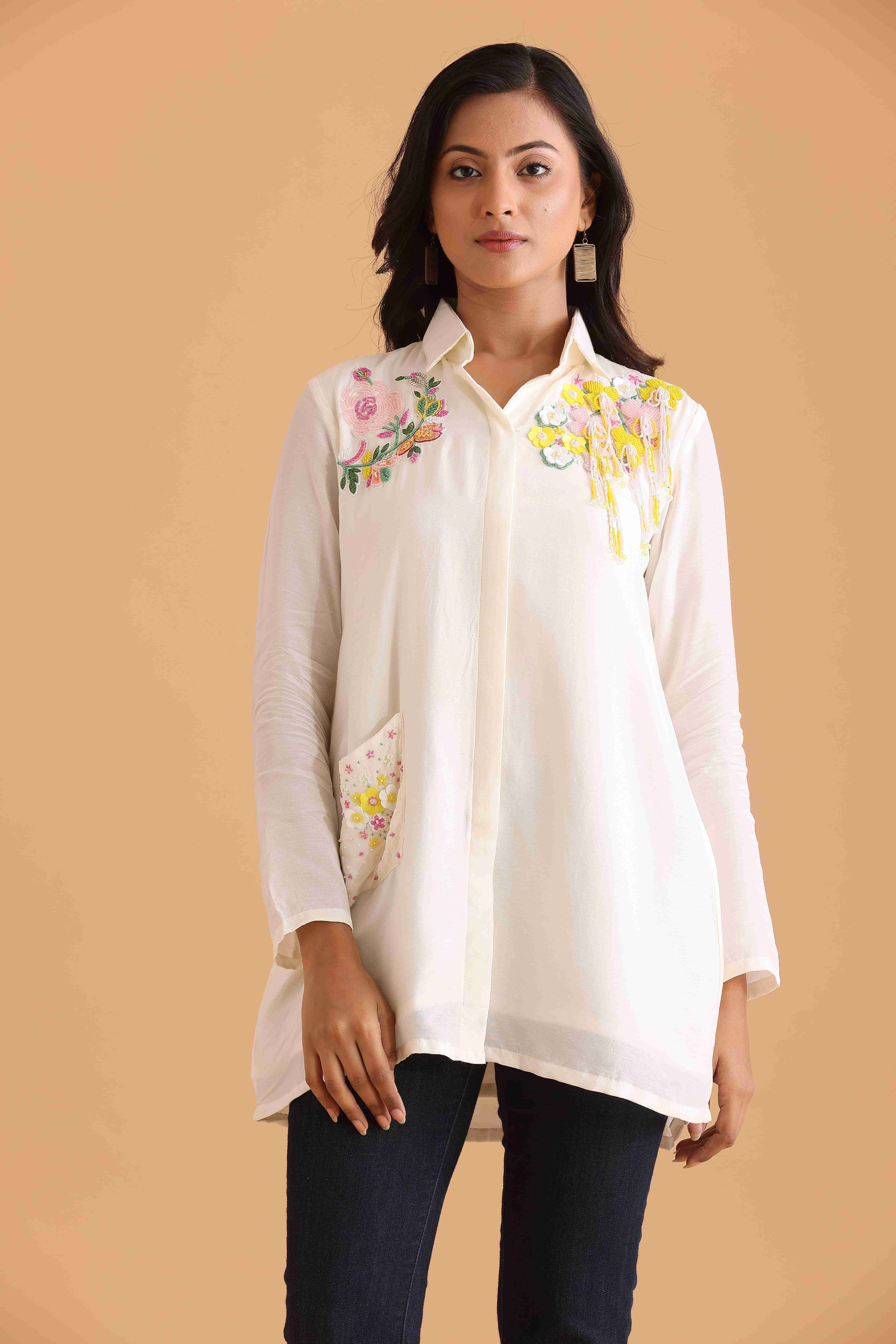 Ivory Floral Embroidered Tunic Shirt