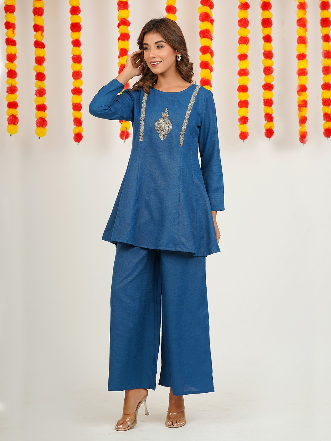 Blended cotton yoke embroidered co-ord set