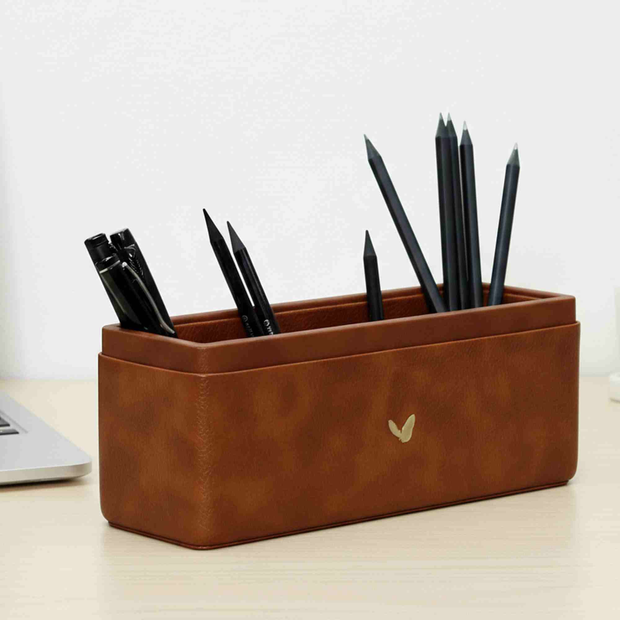 Pen/Pencil Holder | Faux Leather | Rectangular Large | Classic | Tan