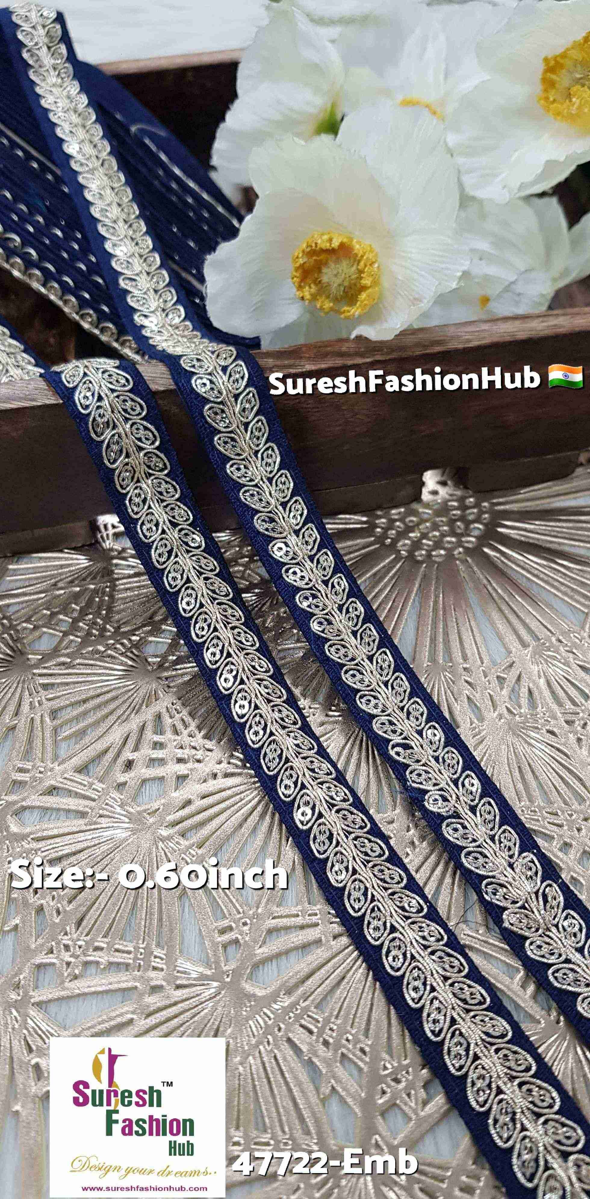Navy Pearl Leaf Embroidered Border