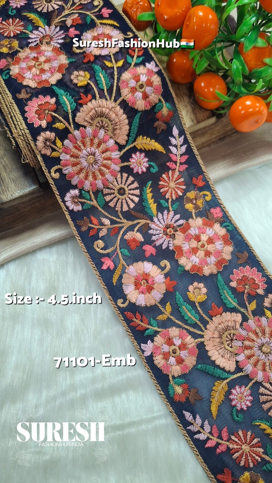 Navy Blue Multi-Thread Floral Net Border – 71101-Emb