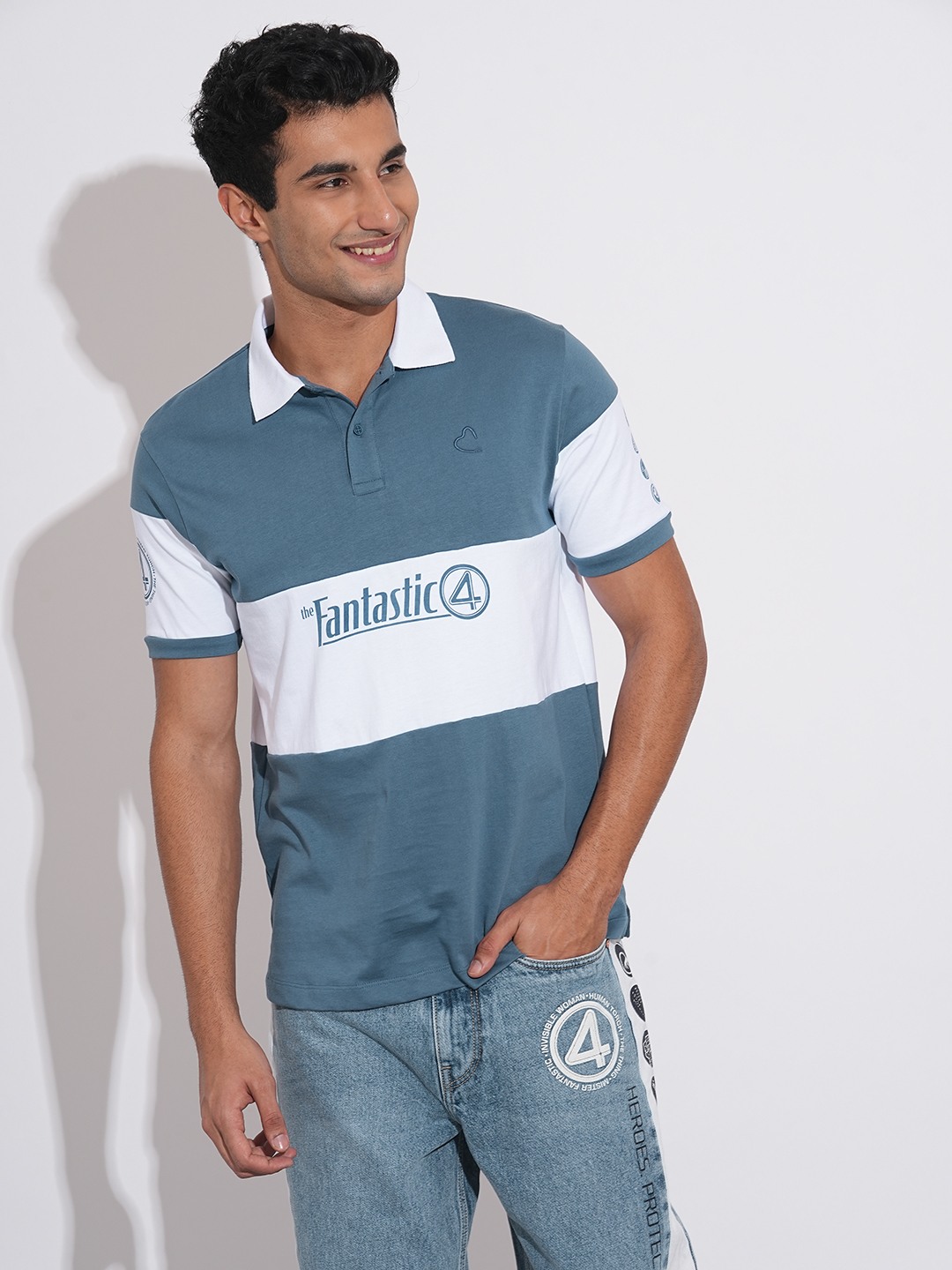 Fantastic Four Color-blocked Blue Polo T-shirt by Being Human