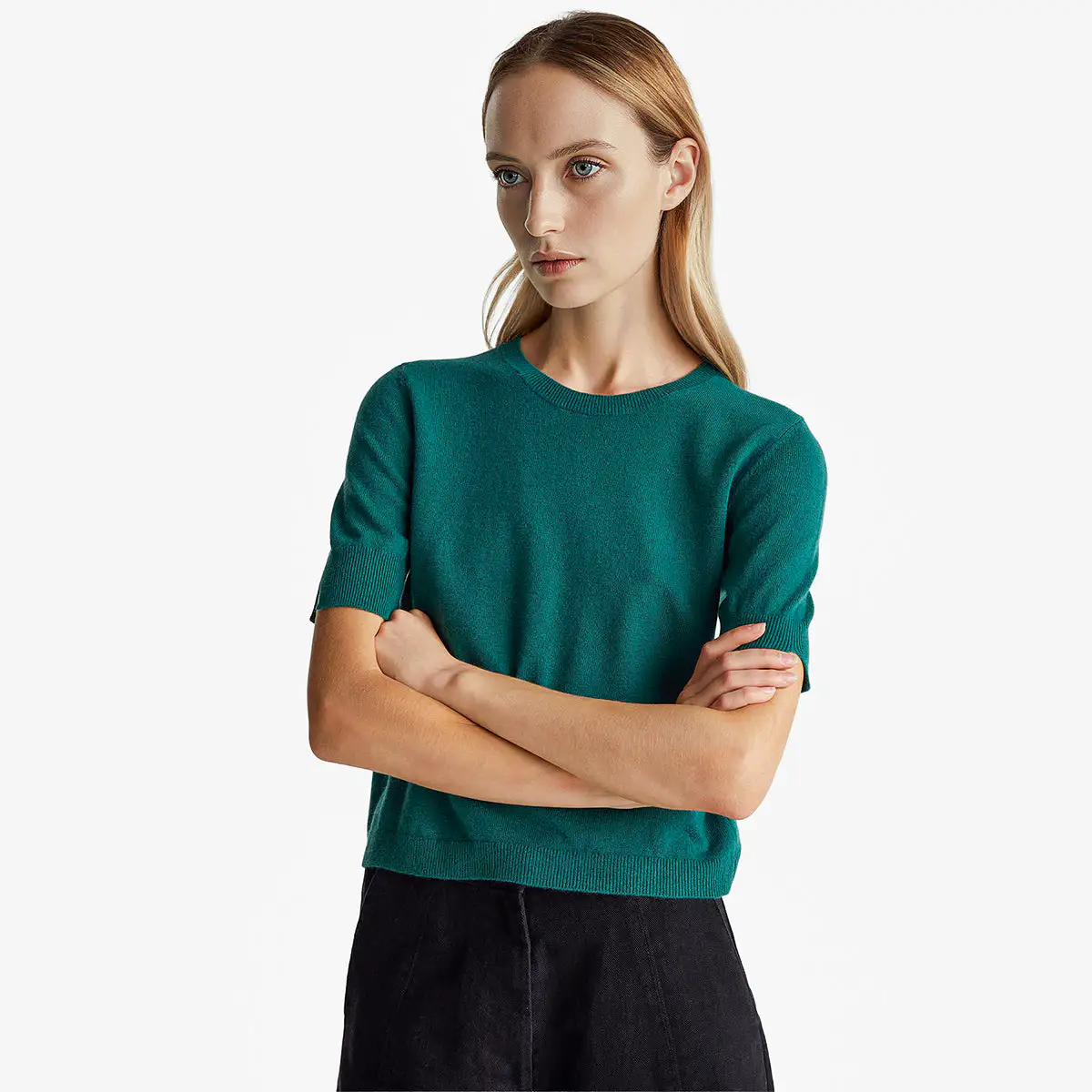 Woman Green Short Sleeve Sweater In Pure Merino Wool