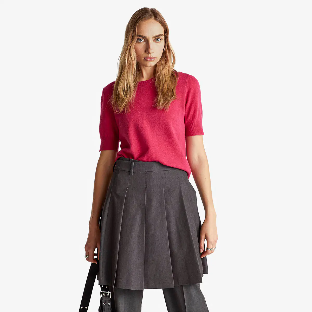 Woman Fuchsia Short Sleeve Sweater In Pure Merino Wool