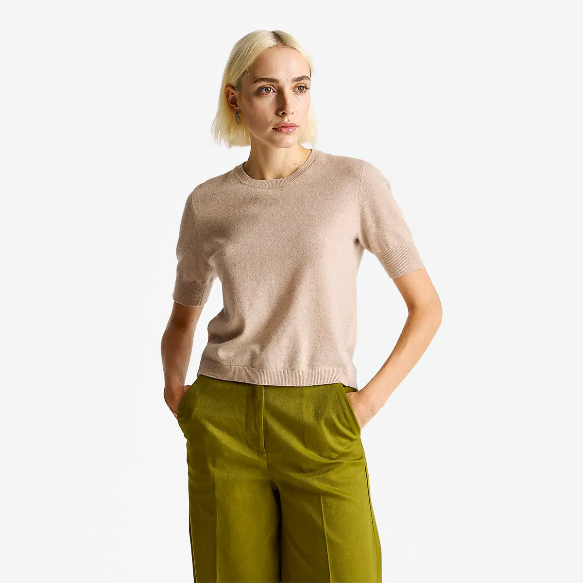 Woman Beige Short Sleeve Sweater In Pure Merino Wool