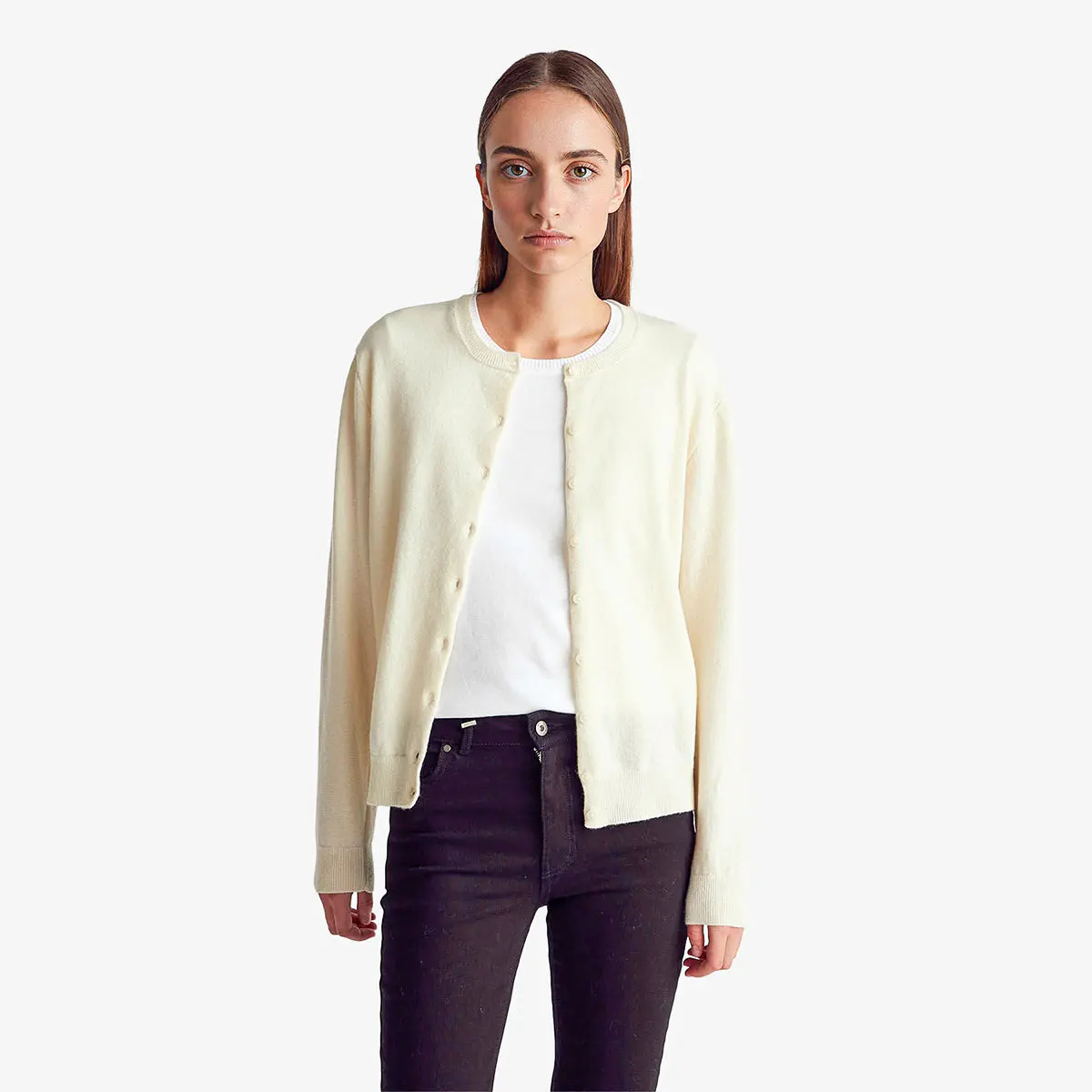 Woman Cream Crew Neck Cardigan In Pure Merino Wool