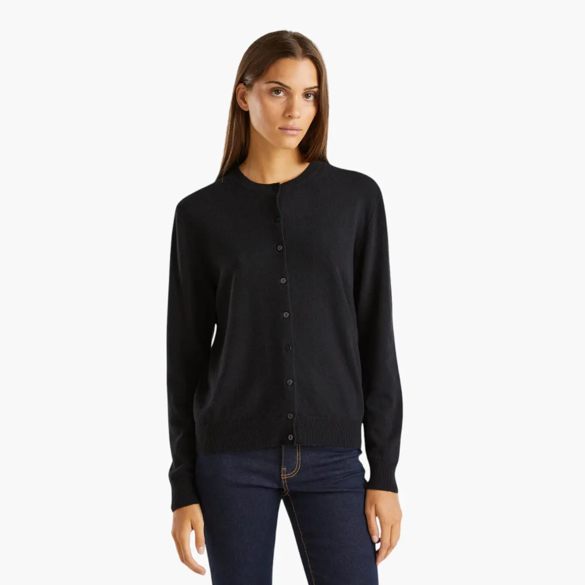 Woman Black Crew Neck Cardigan In Pure Merino Wool