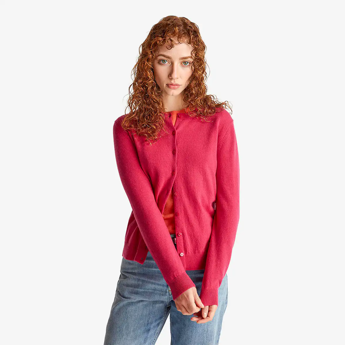 Woman Fuchsia Crew Neck Cardigan In Pure Merino Wool