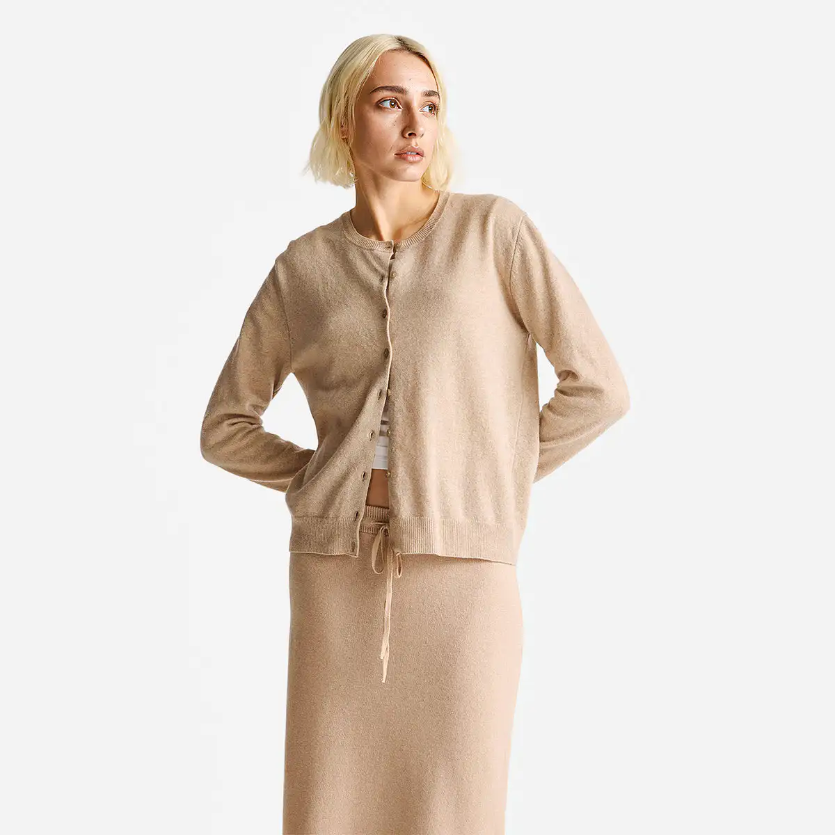 Woman Beige Crew Neck Cardigan In Pure Merino Wool