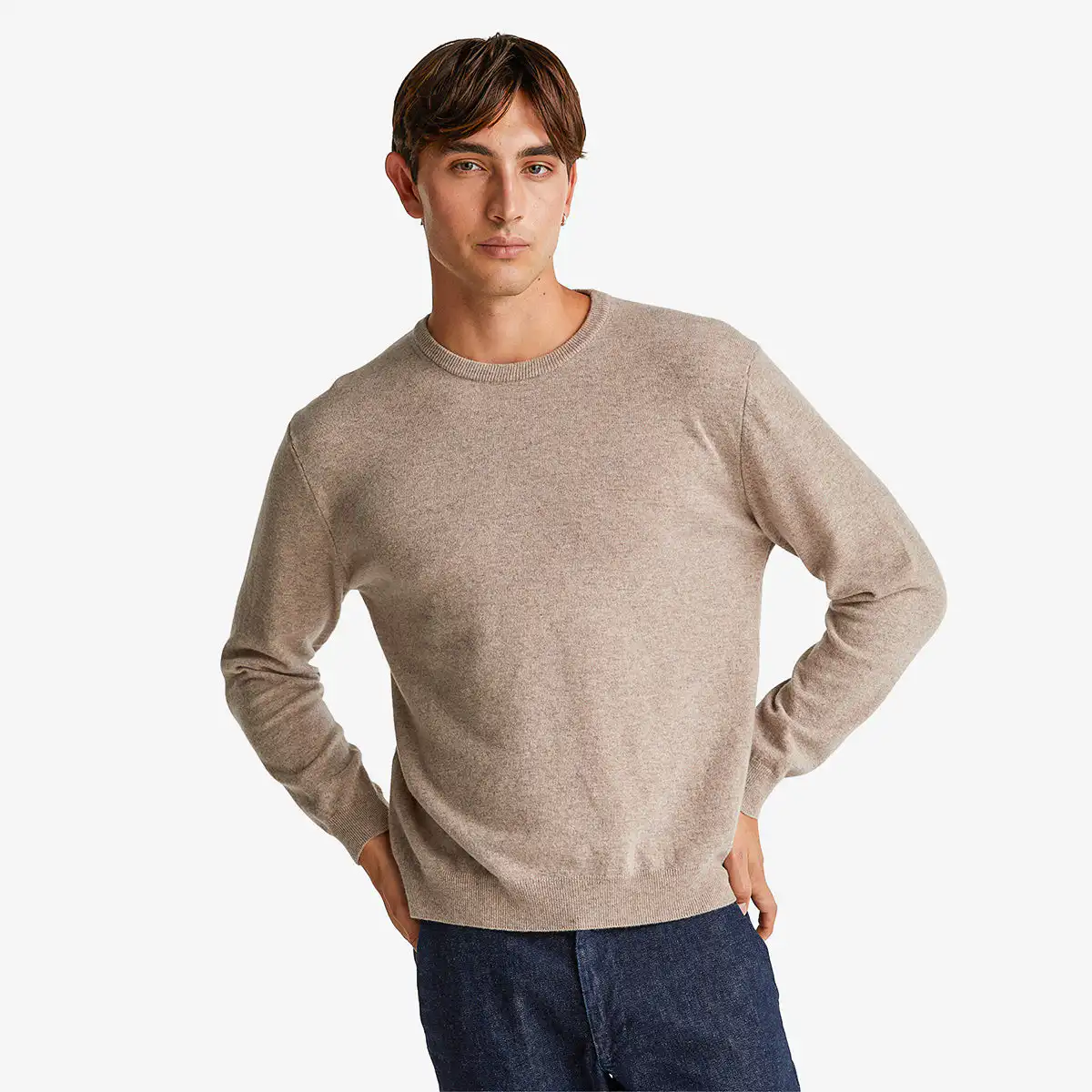 Man Marl Brown Crew Neck Sweater In Pure Merino Wool