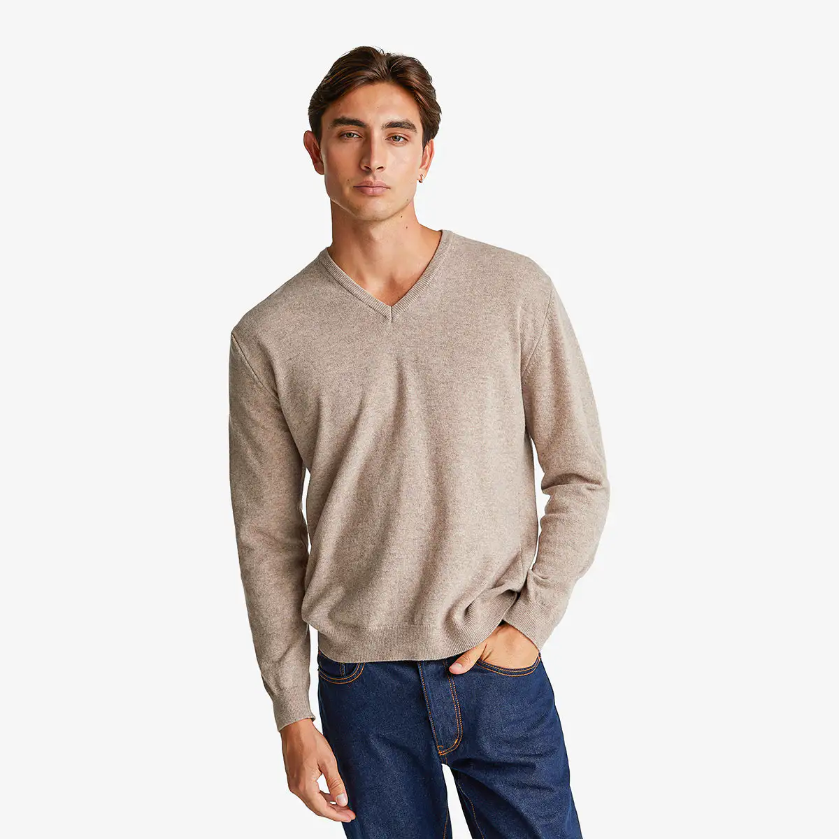 Man Brown Mélange V-Neck Sweater In Pure Merino Wool