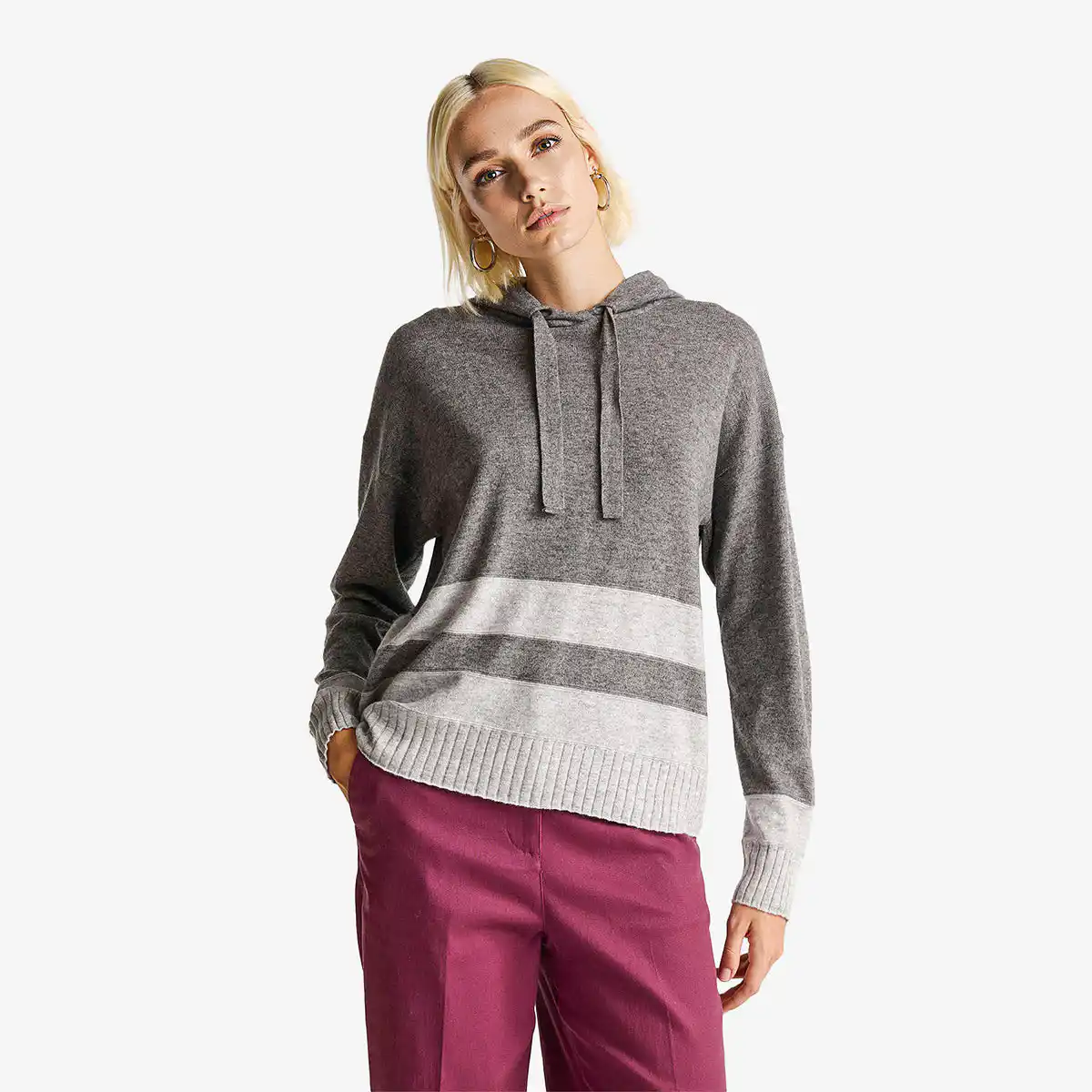Woman Gray Sweater In Cashmere Blend With Hood
