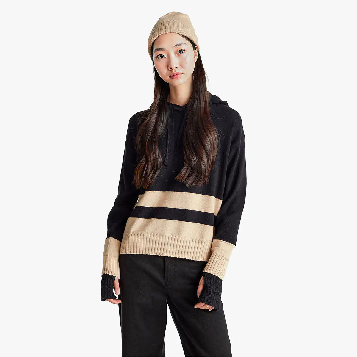 Woman Black Sweater In Cashmere Blend With Hood
