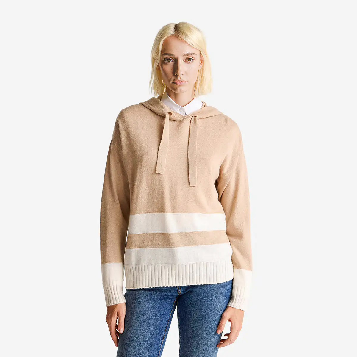 Woman Beige Cashmere Blend Sweater With Hood