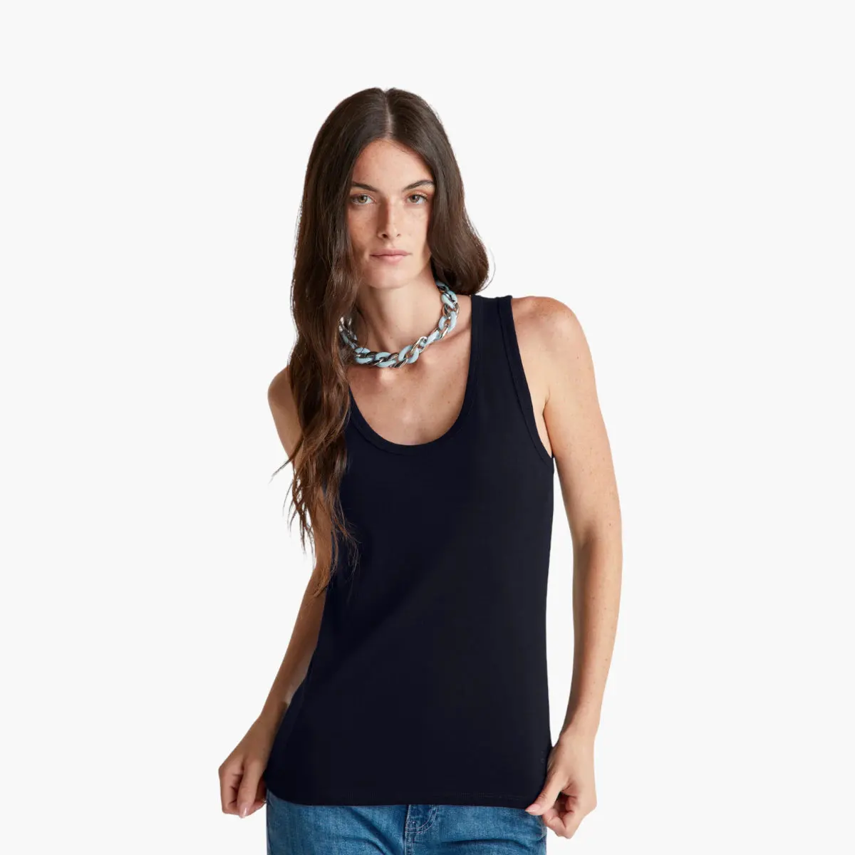 Woman Dark Blue Tank Top In Pure Cotton