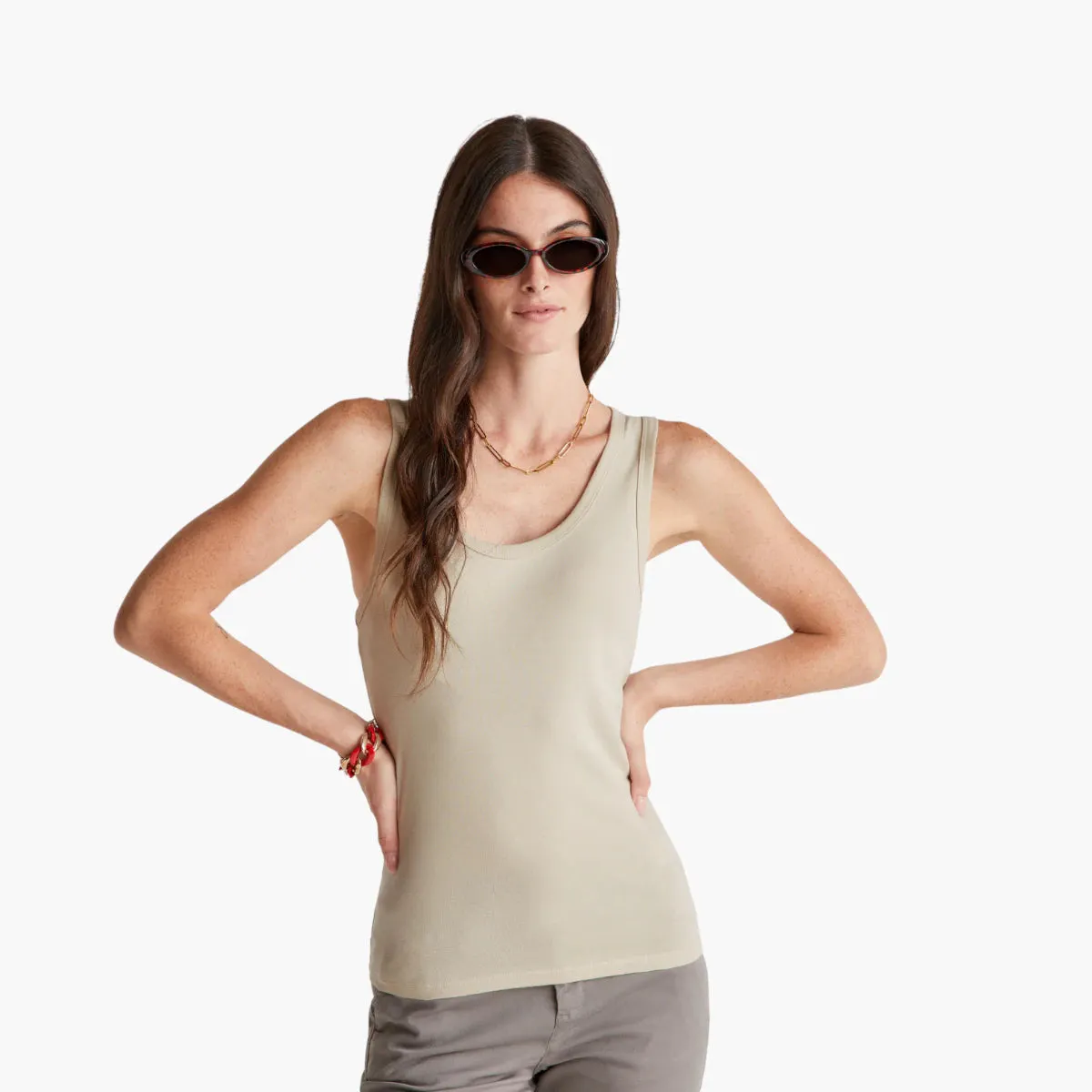 Woman Beige Tank Top In Pure Cotton