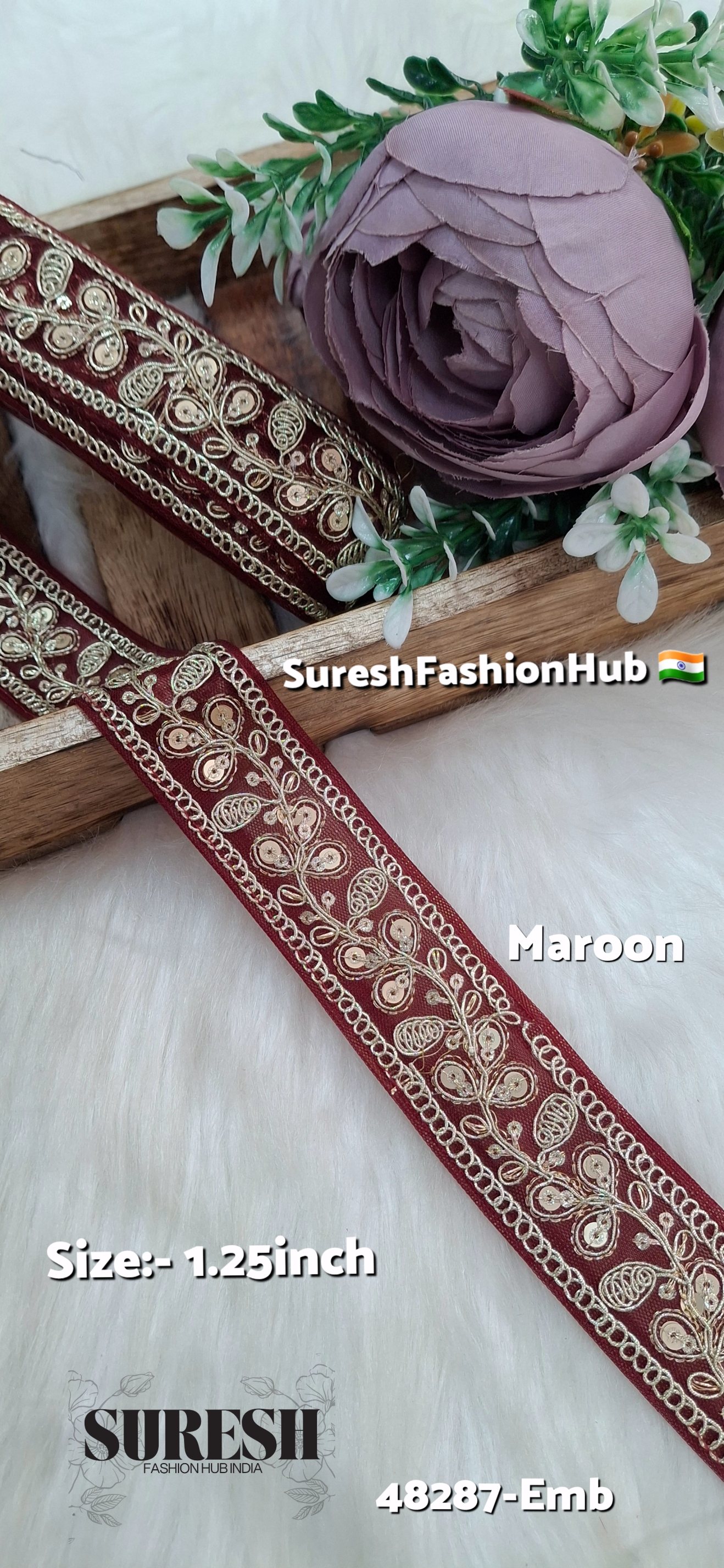 Maroon Pearl Dori Zari Embroidery Border Lace