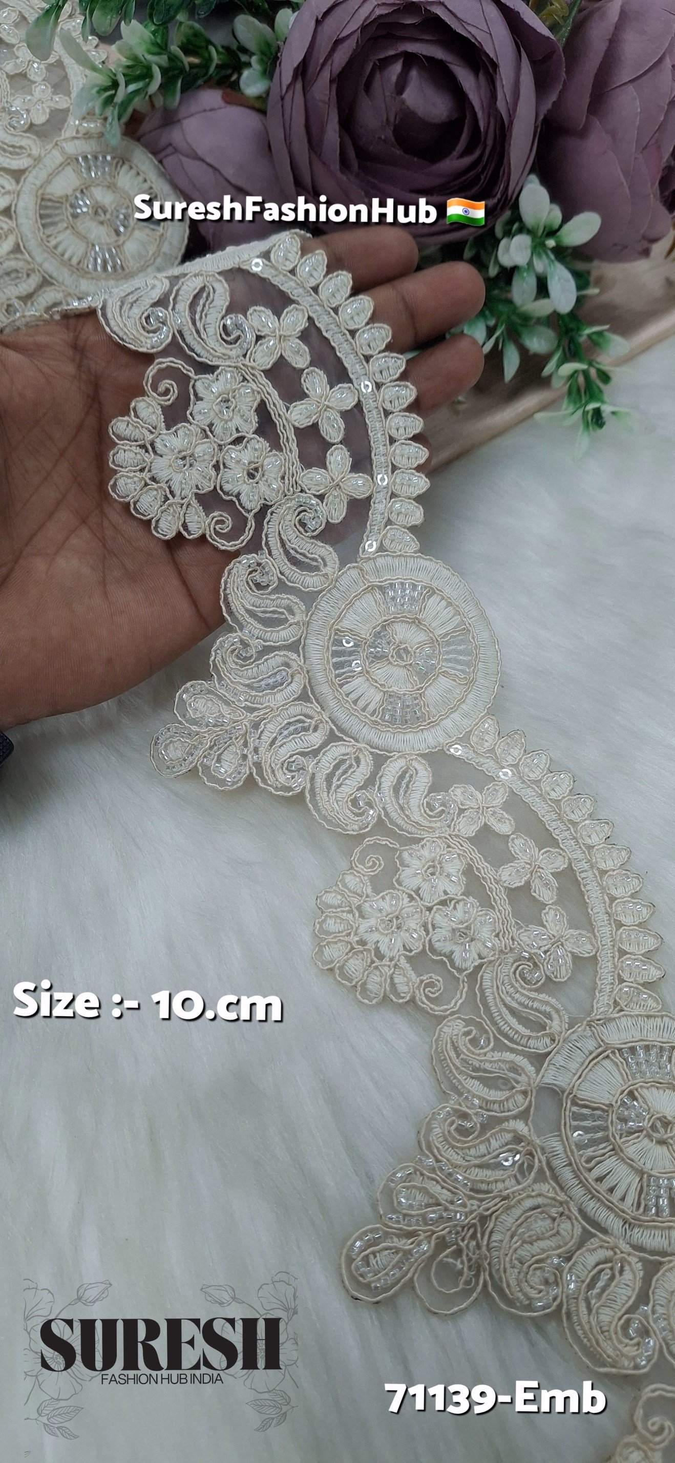 Ivory Majesty Beaded Floral Cutwork Lace – Off-White | 71139-Emb
