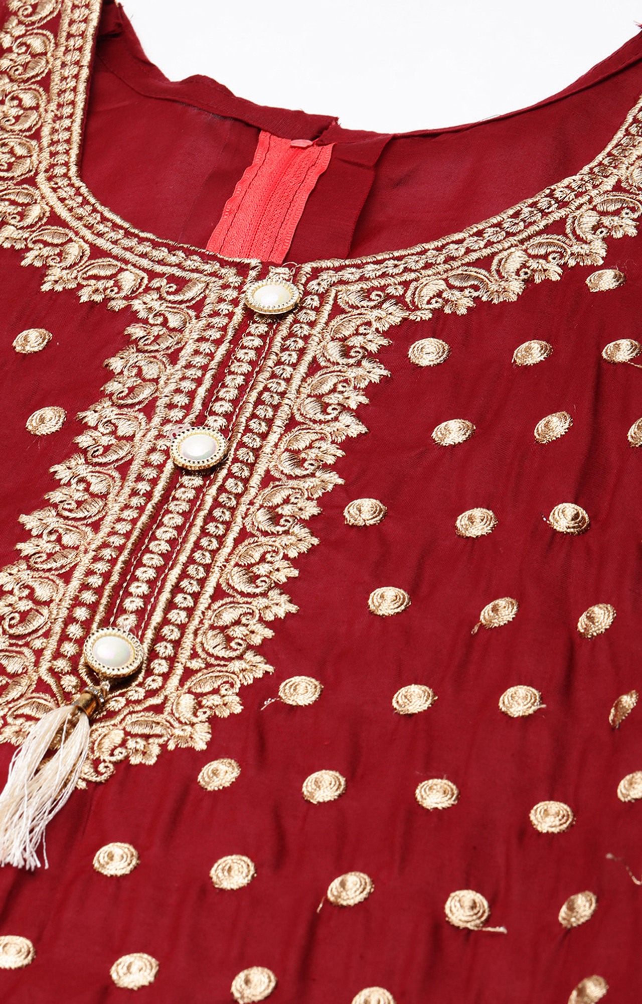 Shaily Women Maroon Color Cotton Embroidered With Tessels Unstitched Dress Material-VF_JALGALU_MRON_DM