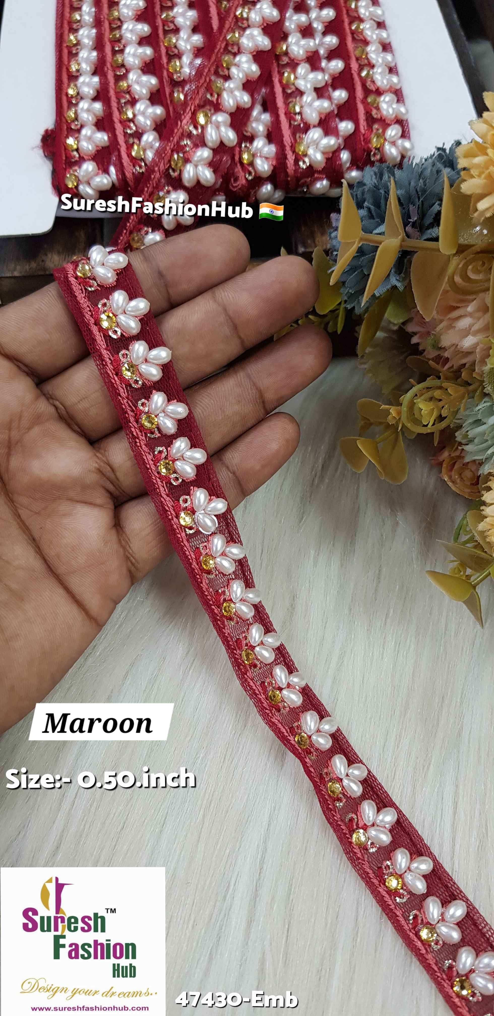 LuxeGlimmer Embroidered Trim Maroon Color
