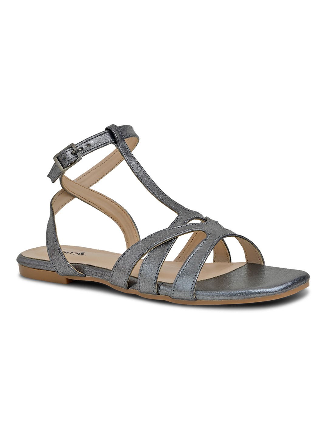 Metallic Grey Strappy Flat Sandals