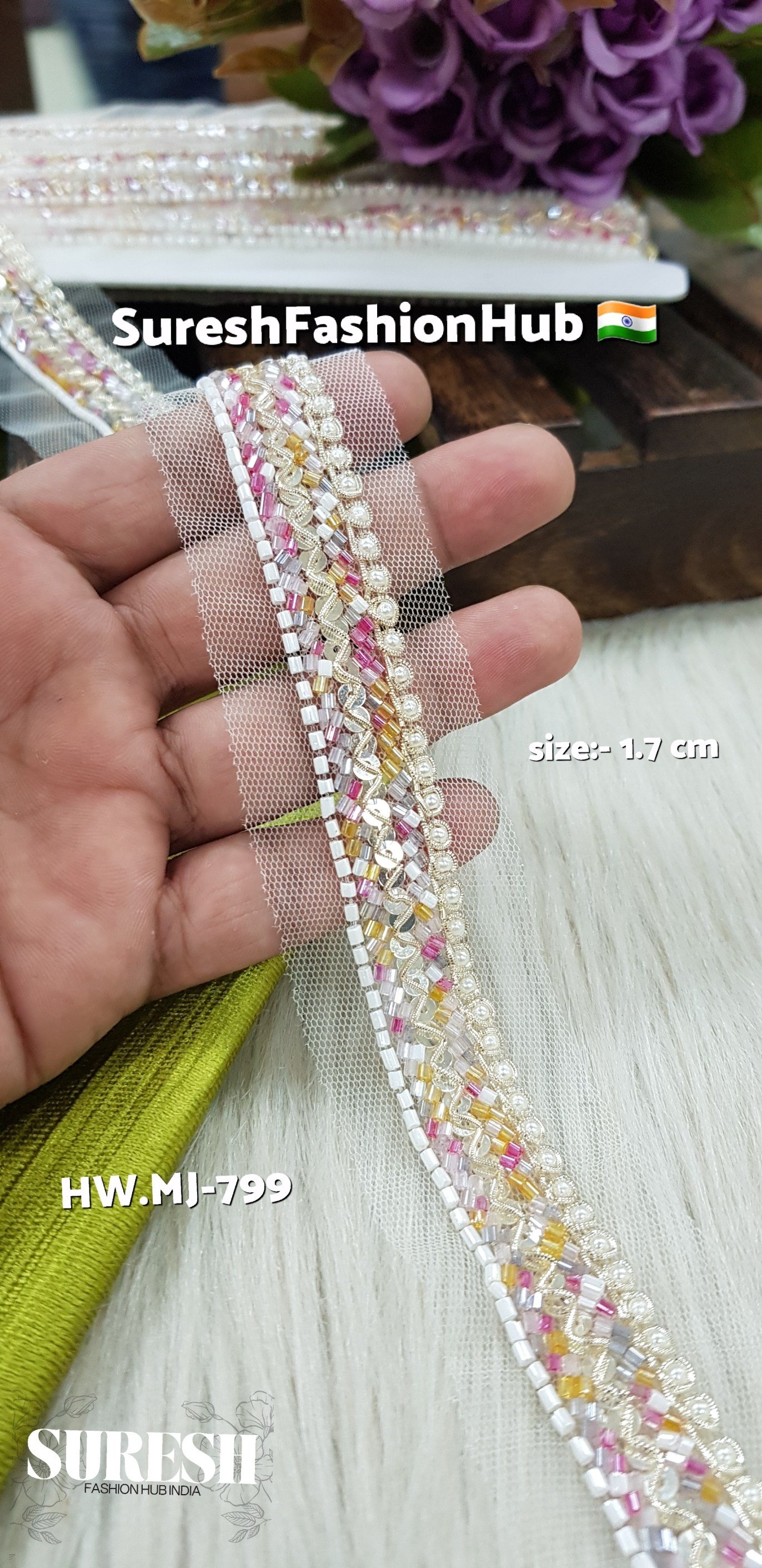 Pearl with Multi Cutdana Handmade Net Embroidery Lace – MJ-799