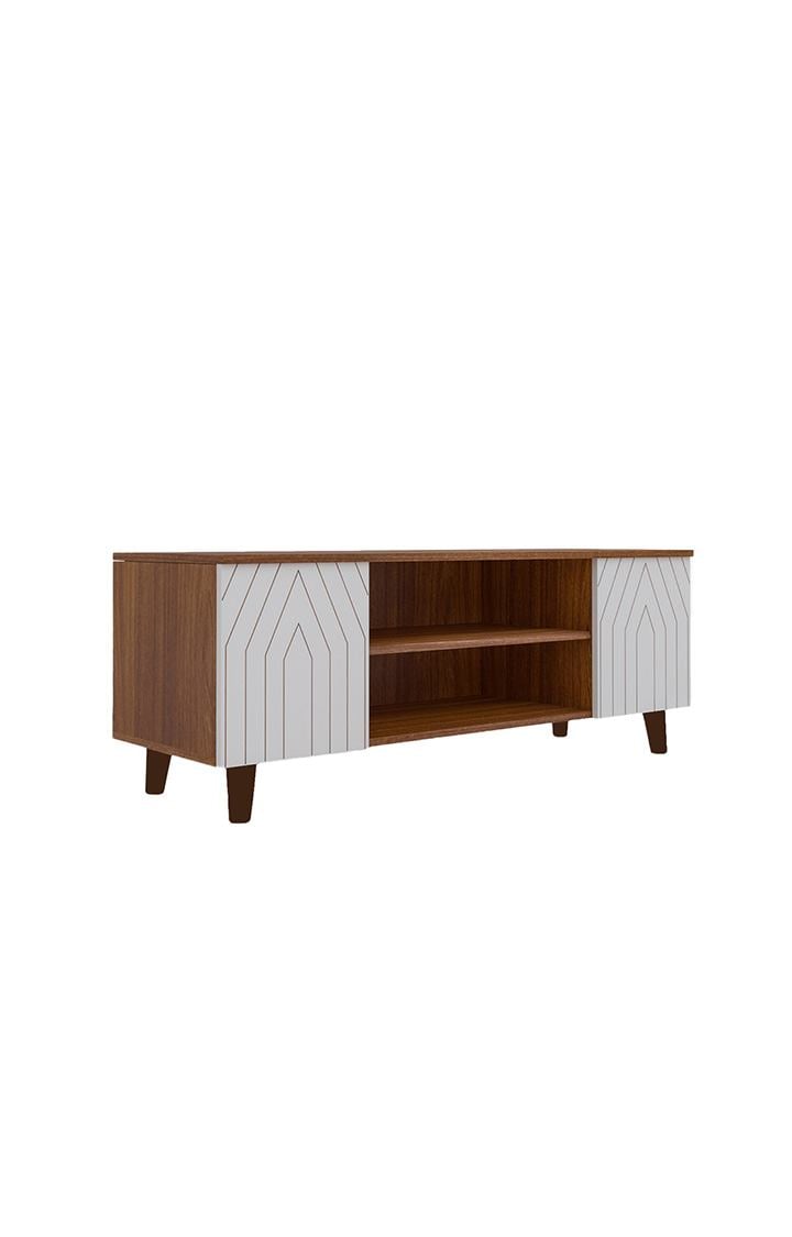neudot Engineered Wood Rampo Tv Unit | V Stand for Living Room | Home Entertainment Unit | TV Console for Bedroom, for Tv Upto 43inch - Leon Teak
