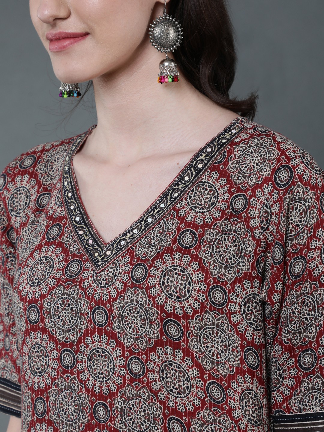 Kantha Work Maroon Kurta Set