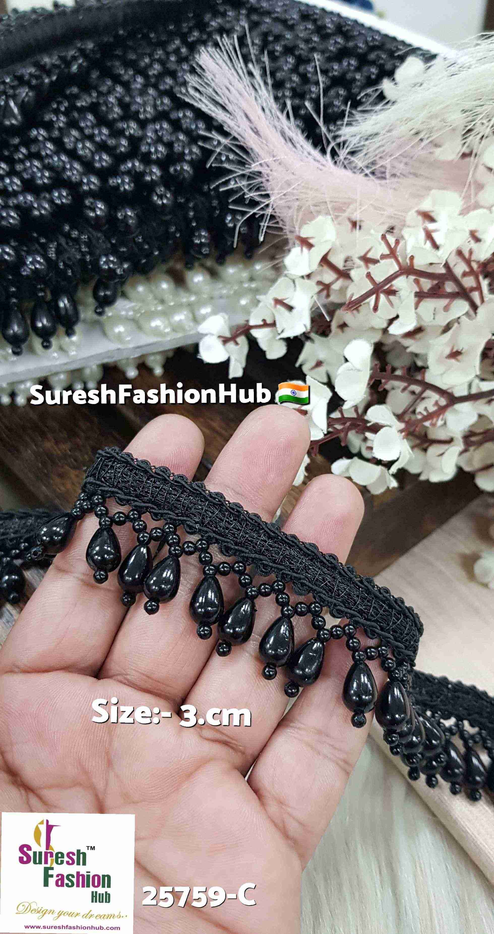 Black Handmade Beads & Pearl Jhalar Lace