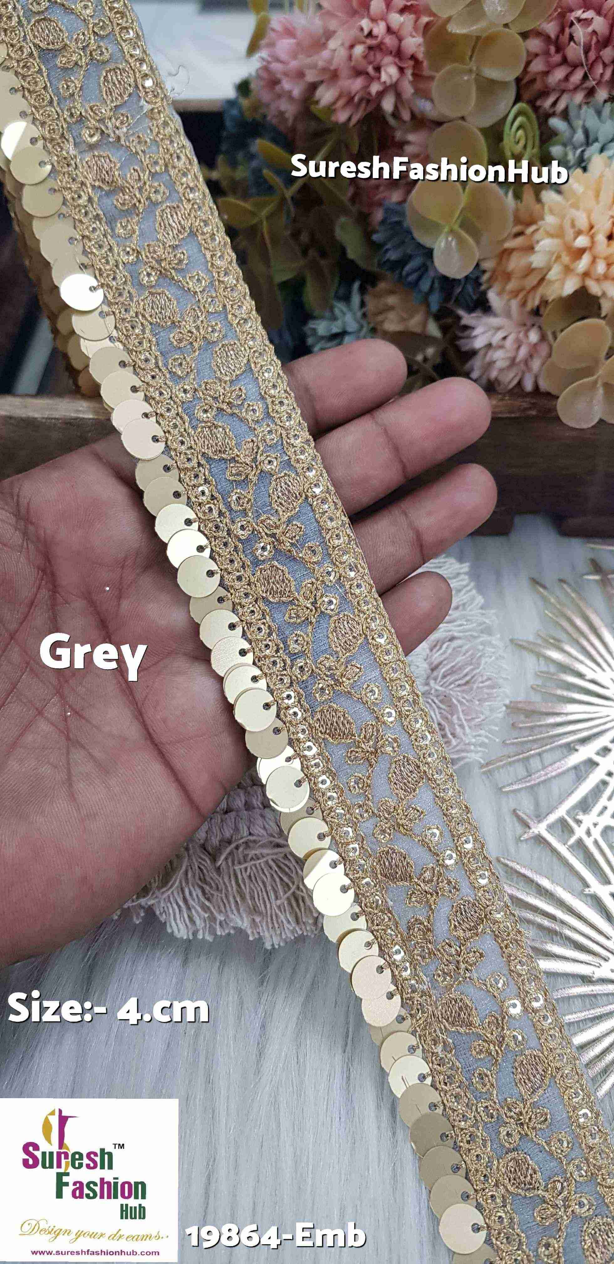 Grey Color Floral Organza Embroidered Lace Roll