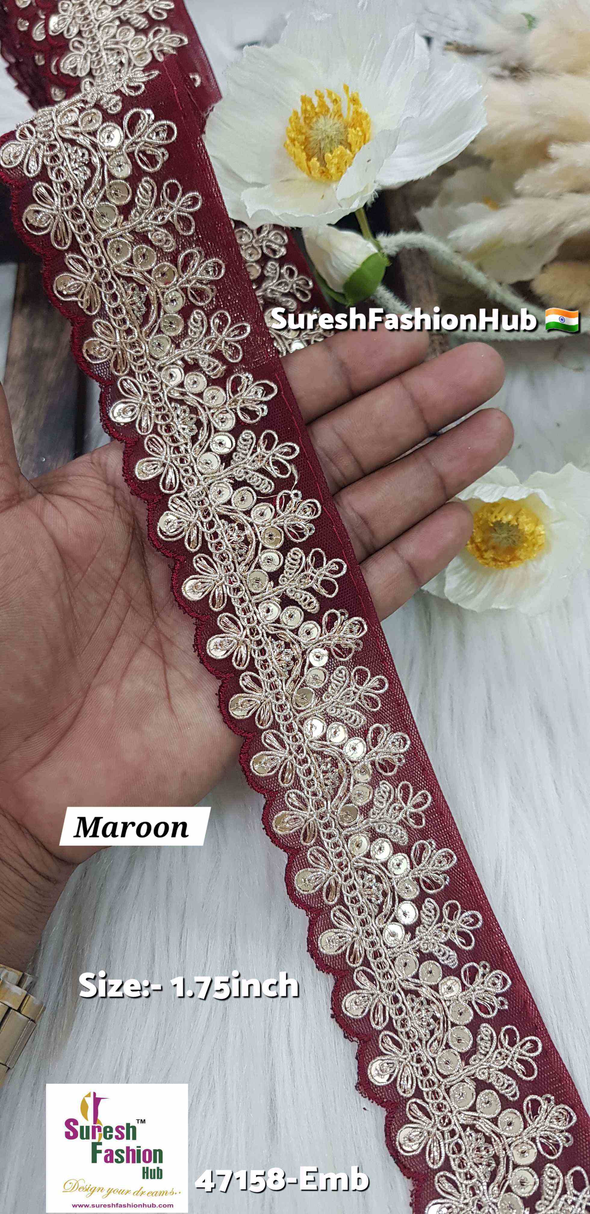 Maroon Pearl Embroidery Scalloped Lace