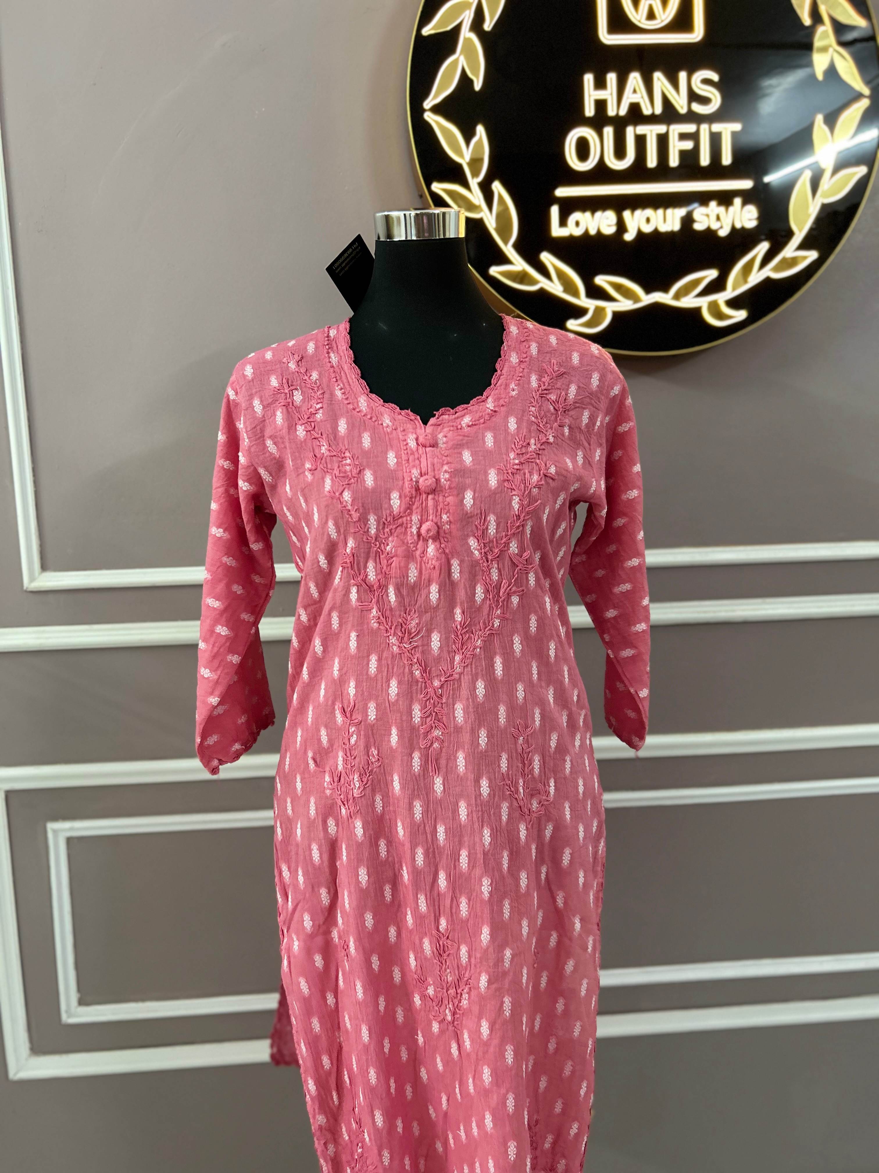 Peach Lucknowi chickenkari cotton  kurta