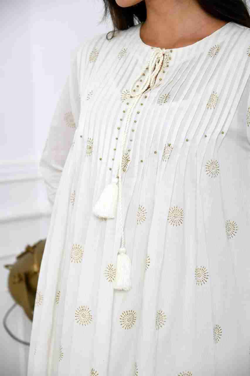 Naksh White Gold Printed Pleated Kurta And Solid Pants (Set of 2)