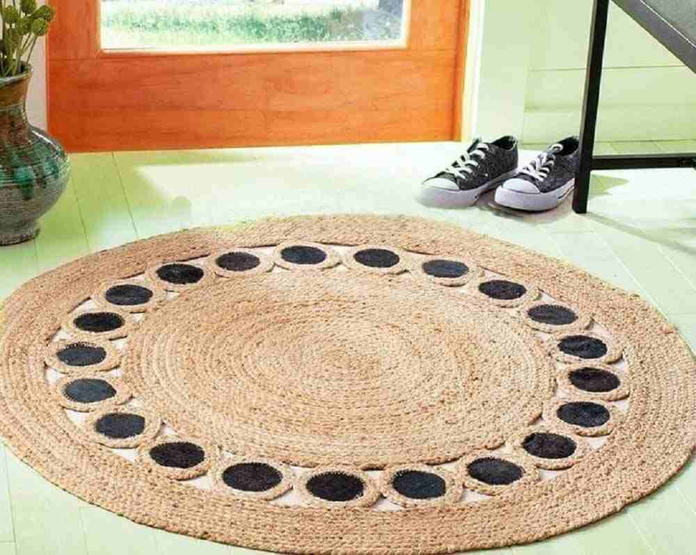 Round Handwoven Jute Rug with Black Circular Border Design – Natural Beige & Black Boho Braided Area Rug for Living Room, Bedroom & Entryway