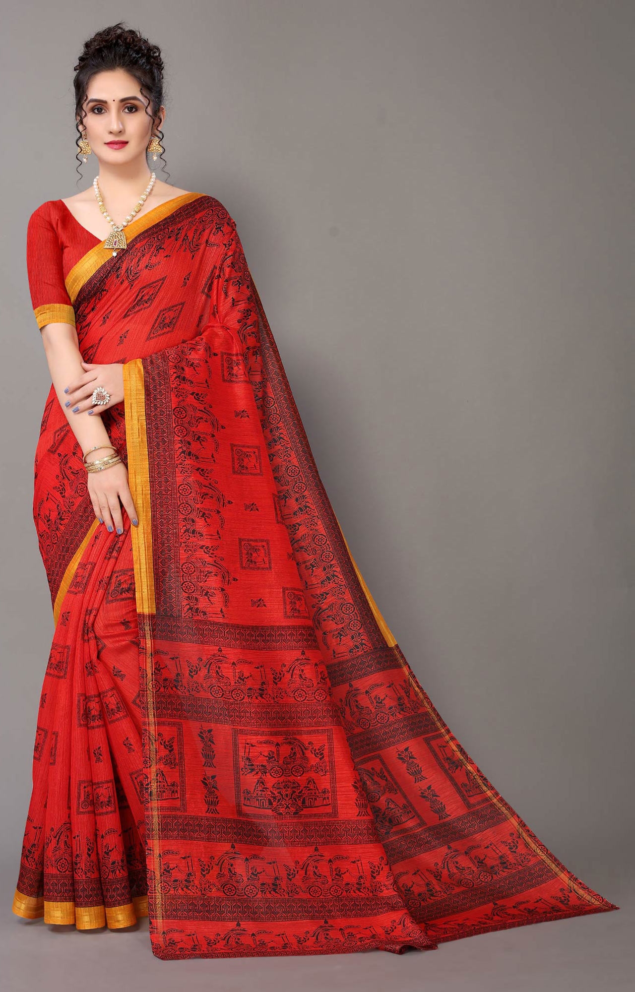 Women Daily Wear Red Traditional Printed Art Silk Saree - HAL29ART00113RED
