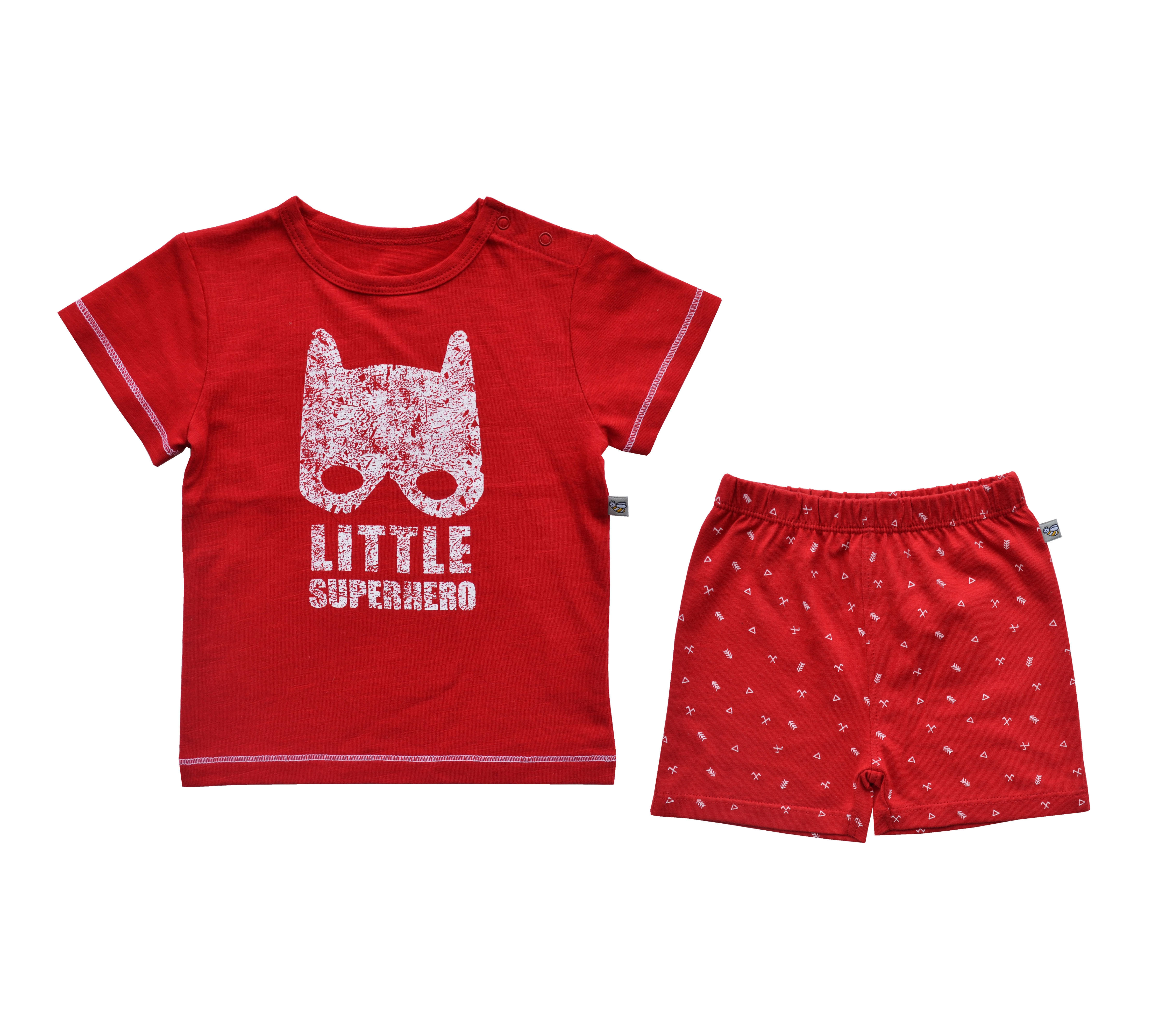 Babeez | Little Superhero Print Red T-Shirt + Red Allover Printed Shorty Set (100% Cotton Single Jersey) undefined