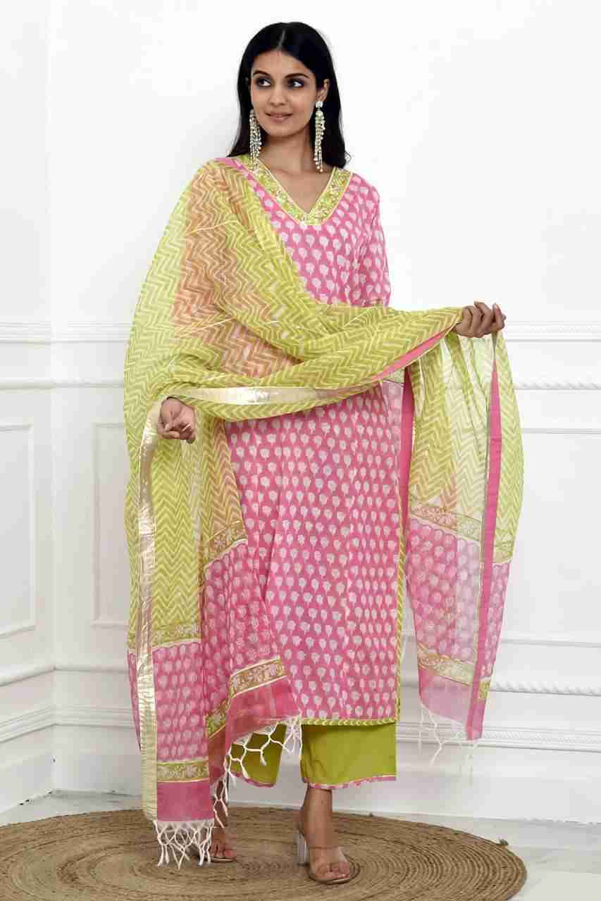 Naksh Pink Green Block Printed Straight Kurta, Pants And Dupatta (Set of 3)